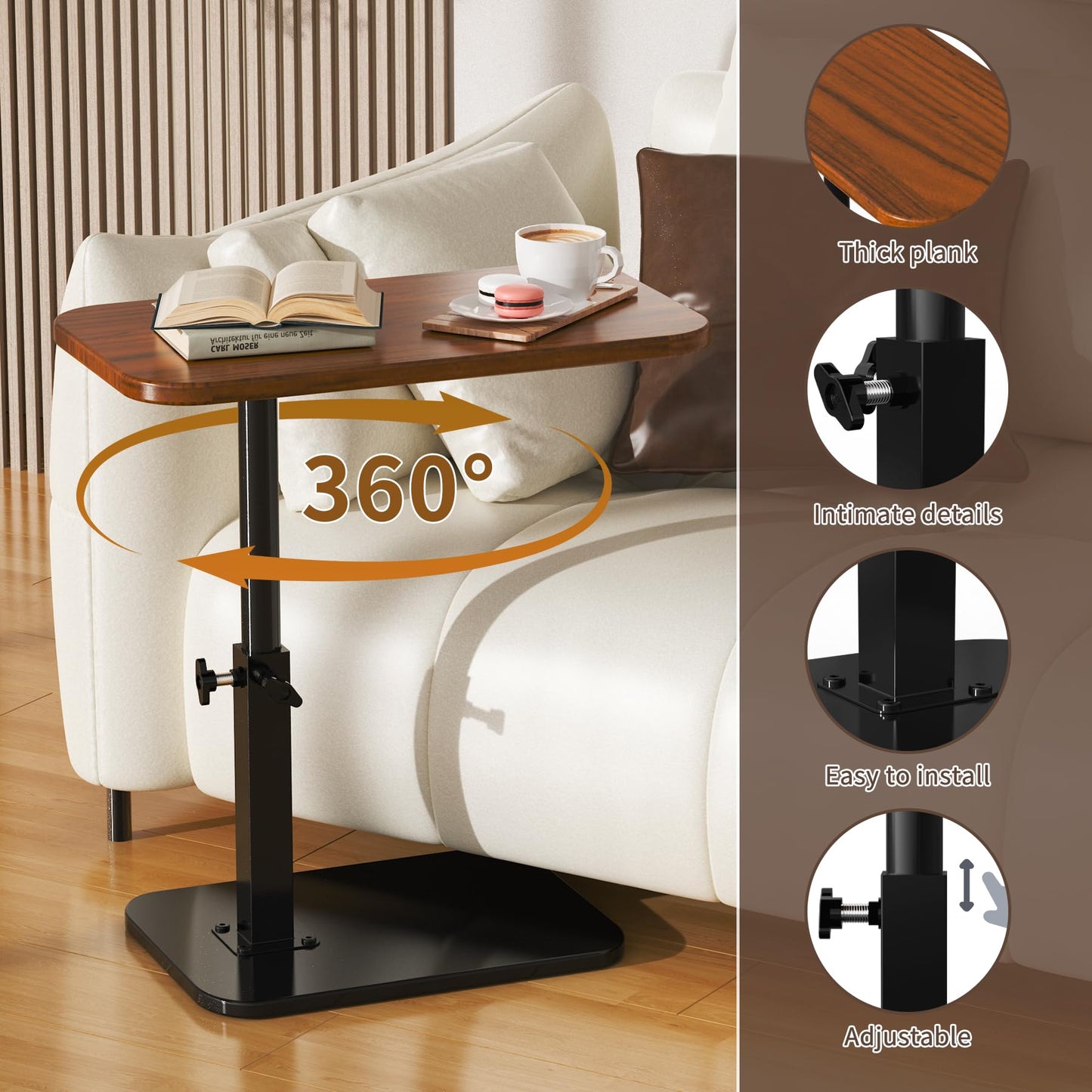 Botion Adjustable Height C-Shaped Table, 360° Swivel TV Tray, Small Side Table for Couch, Bedside and Living Room, Couch Table with Metal Pillar(Brown)