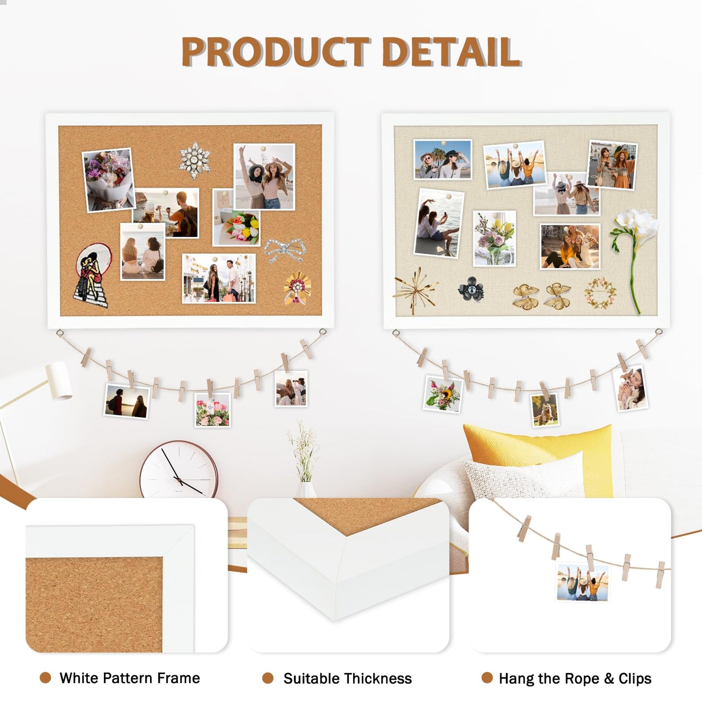 AMUSIGHT Double-Sided Large Cork Board with Linen, 24" x 18" Hanging Wood Framed Bulletin Board, Picture Display Vision Board Corkboards for Wall Room School Office Decor, 20 Pushpins,1pack