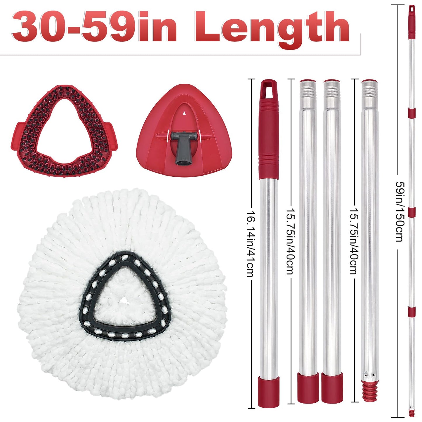 Spin Mop Head Replacement, Base, Mop Handle for Vileda EasyWring - Include 2 Microfiber Refills, 4-Section 30-59in Handle, 1 Cover and 1 Scrubber (1-Tank System)