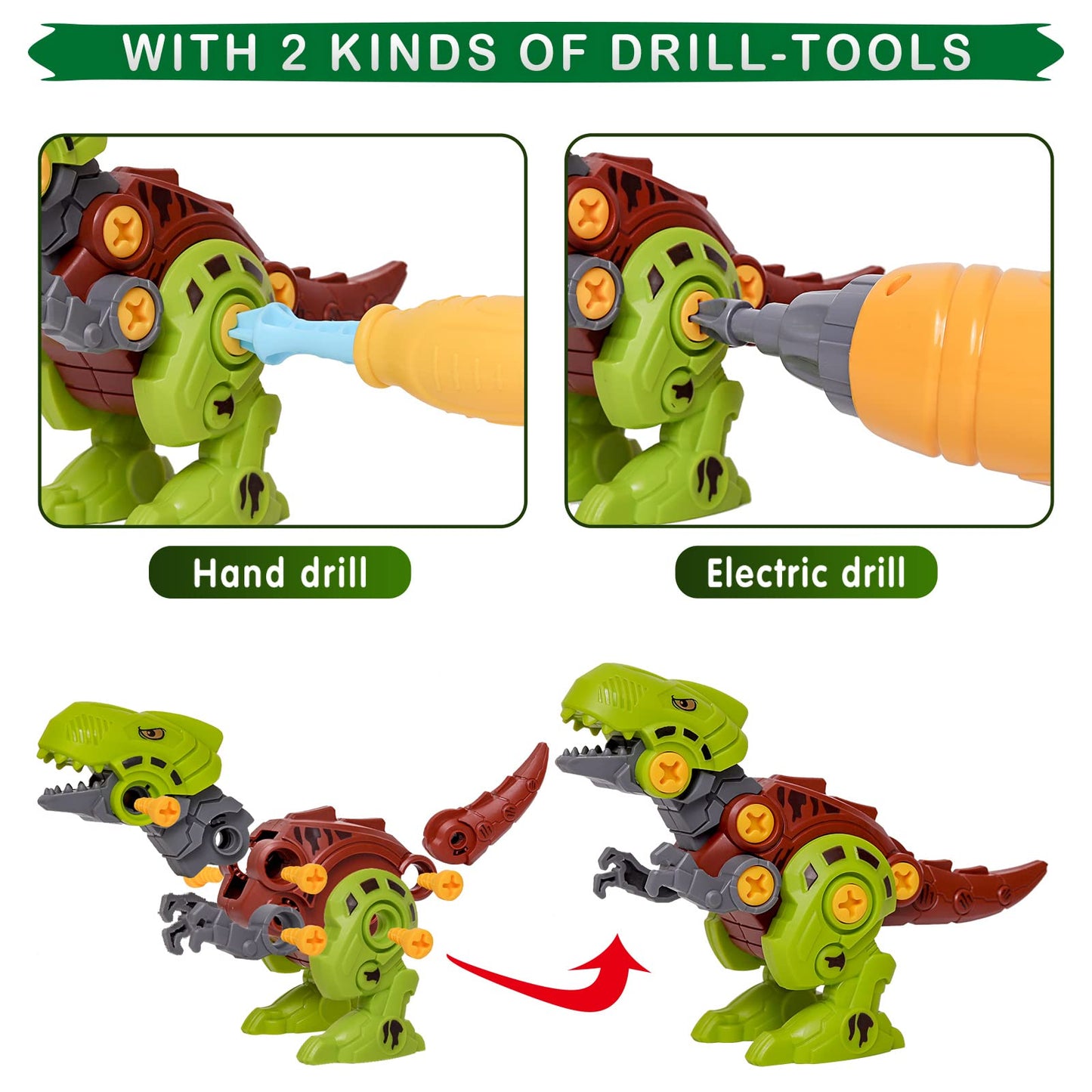 LOYUEGIYO Take Apart Dinosaur,Children Learning Construction Educational Building Dinosaur Toy for 3 4 5 6 7 Year Old Kid Boy Girl,STEM Toy Birthday Gift (1 Electric Drill&4 Hand Drill Tools)