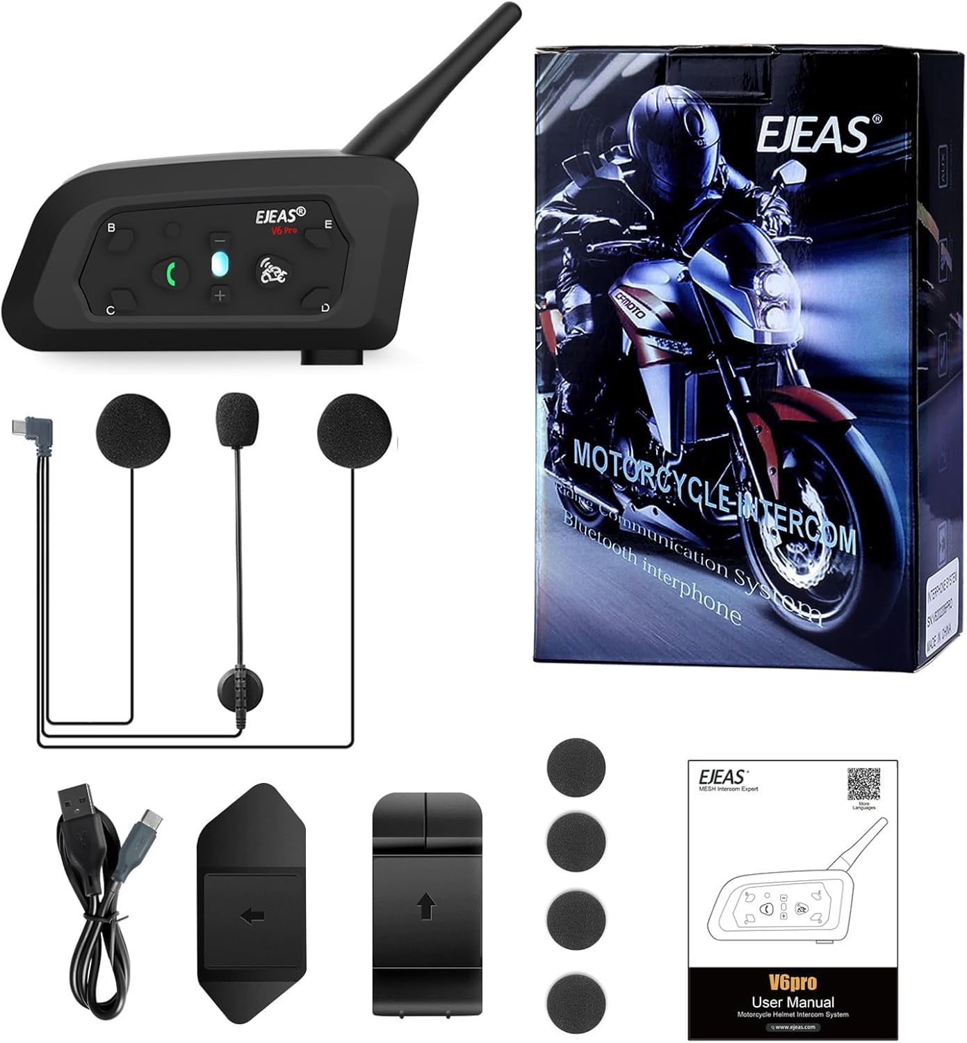 EJEAS V6 Pro Motorcycle Bluetooth Headset, Upgraded 2 Riders Intercom Helmet Communication System with Auto-Answering Call and Noise Reduction for Motorcycling Skiing and Climbing (1 Pack)