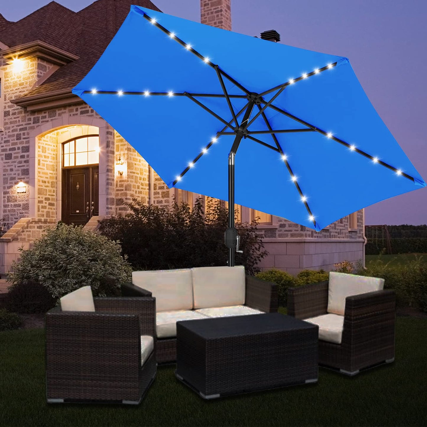 Solar LED Patio Outdoor Umbrella - OKSTENCK with 24LED Lights, Tilt and Crank Table Umbrellas for Garden, Deck, Backyard and Pool, 7.5FT, Ocean Blue