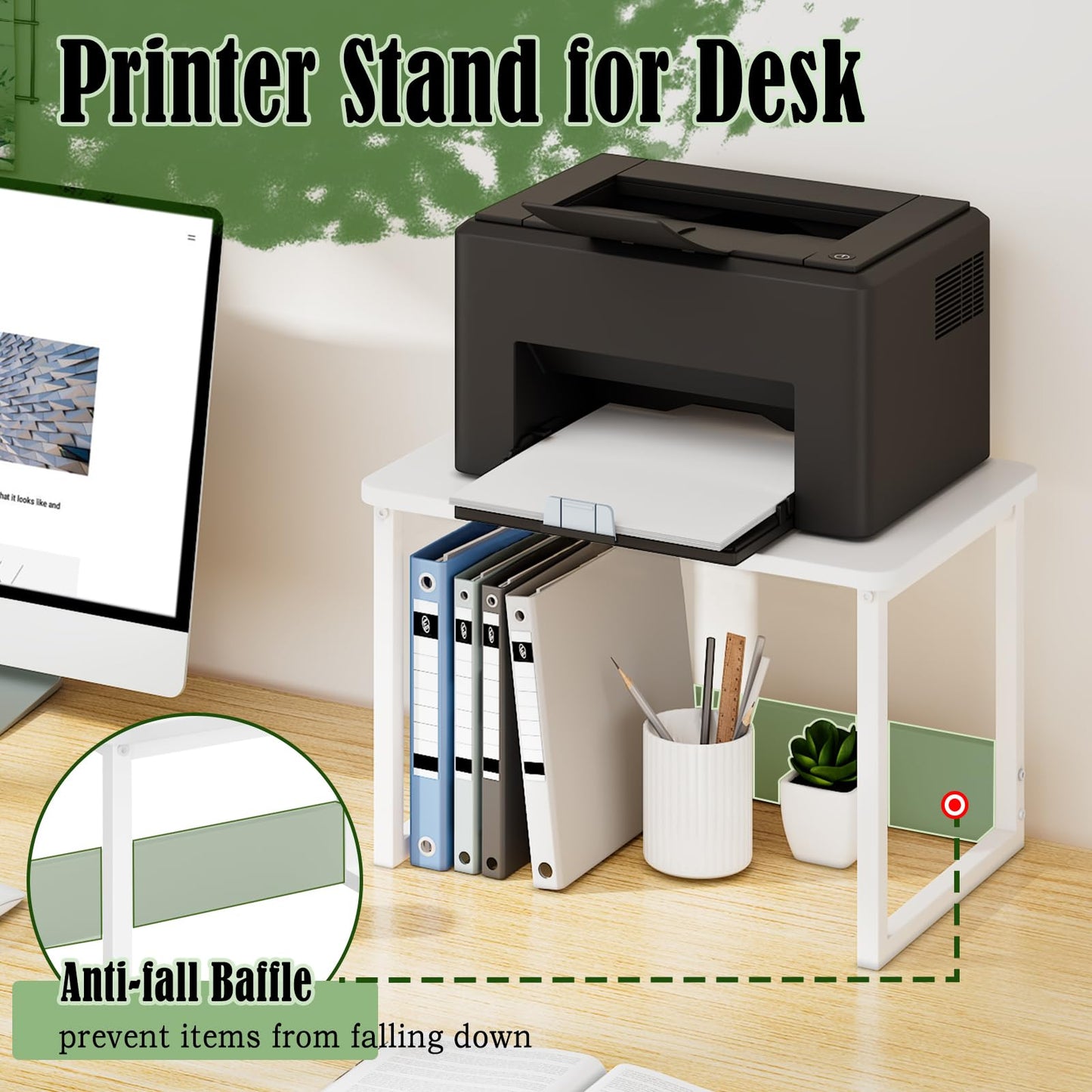 MARTY Printer Stand with Storage for Desk, White Desktop Printer Stand Shelf Organzier for Home/Office Heavy Duty Printer Riser Under Desk Small Table for Printer Copier Scanner