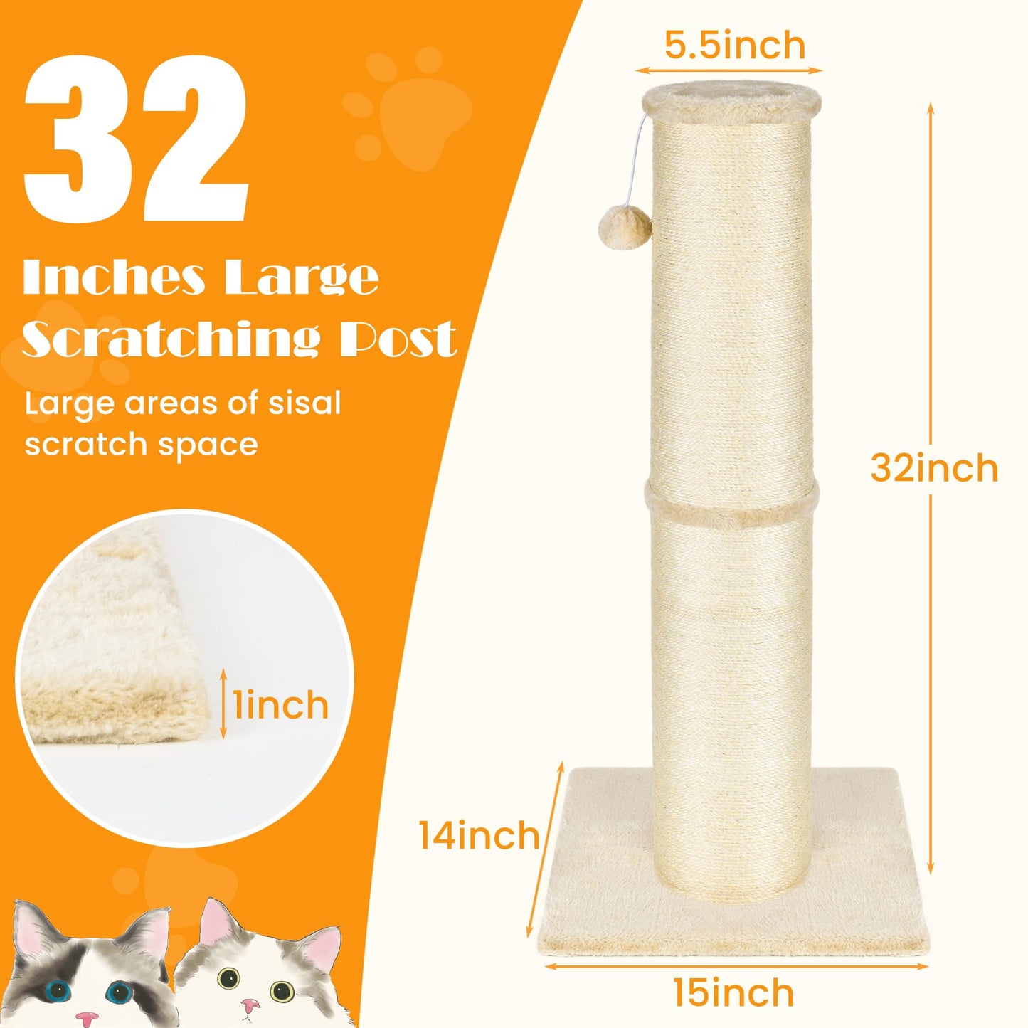 PAWSCRAT Cat Scratching Post 32 Inch High, 5.5 Inch Large Diameter Natural Sisal Cat Scratch Post, Scratch-Resistant and Durable Tall Cat Scratcher for Indoor Cats