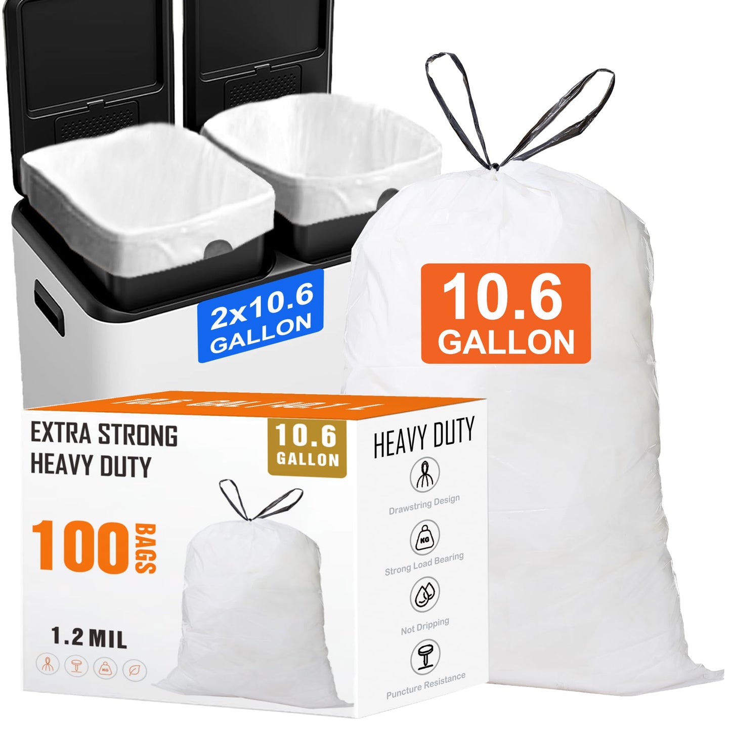 10.6 Gallon Drawstring Trash bags for Dual Compartment Can (2 x 10.6 Gallon) 100 Count 1.2 Mil Thickness Garbage Liner Pre-Separated Heavy Duty 35–40 Liter Compatible with Code M