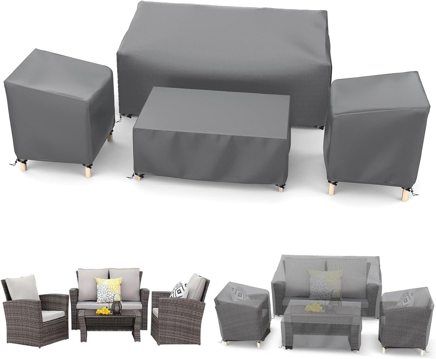 STARTWO Outdoor Waterproof Patio Furniture Covers 4-Piece Set for Chairs 32in, Loveseat 56in, Coffee Table 45in, Heavy Duty, Grey