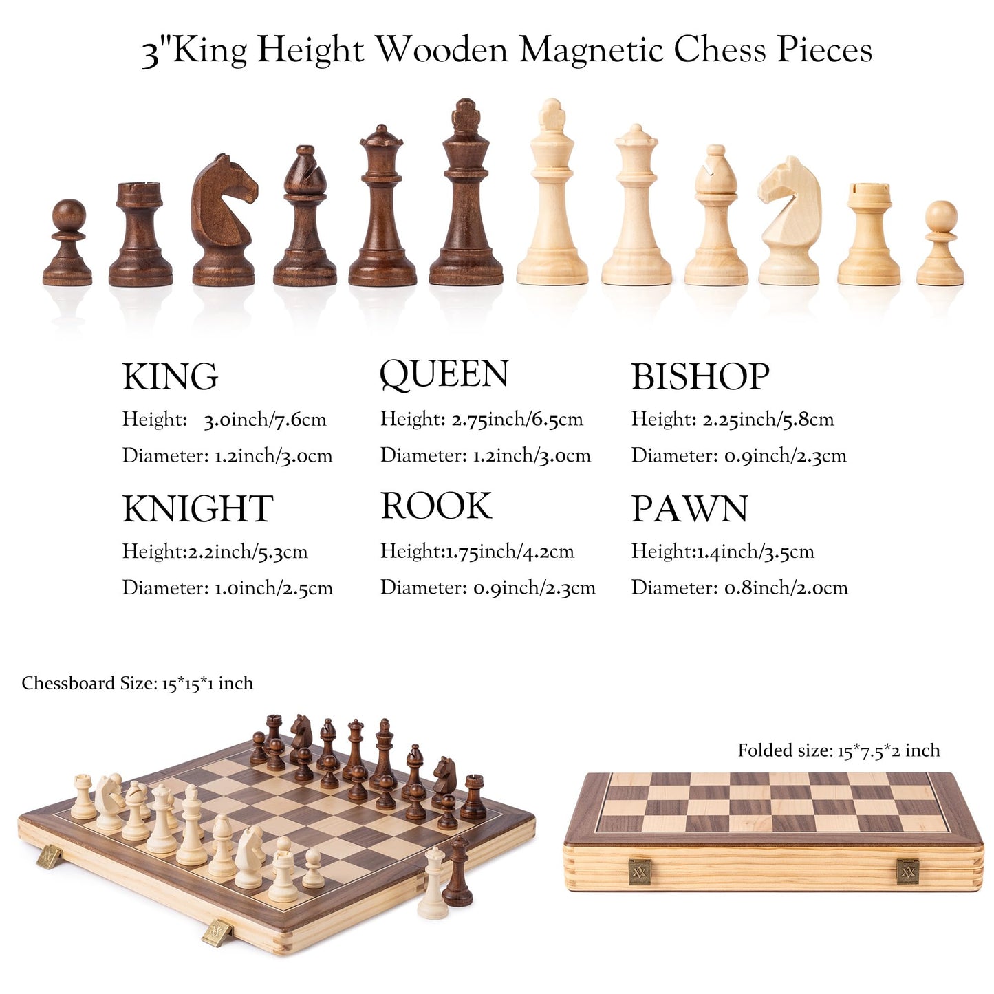 A&A 15" Magnetic Wooden Chess & Checkers Set/Folding Board / 3" King Height German Knight Staunton Chess Pieces/Walnut & Maple Inlaid /2 Extra Queen