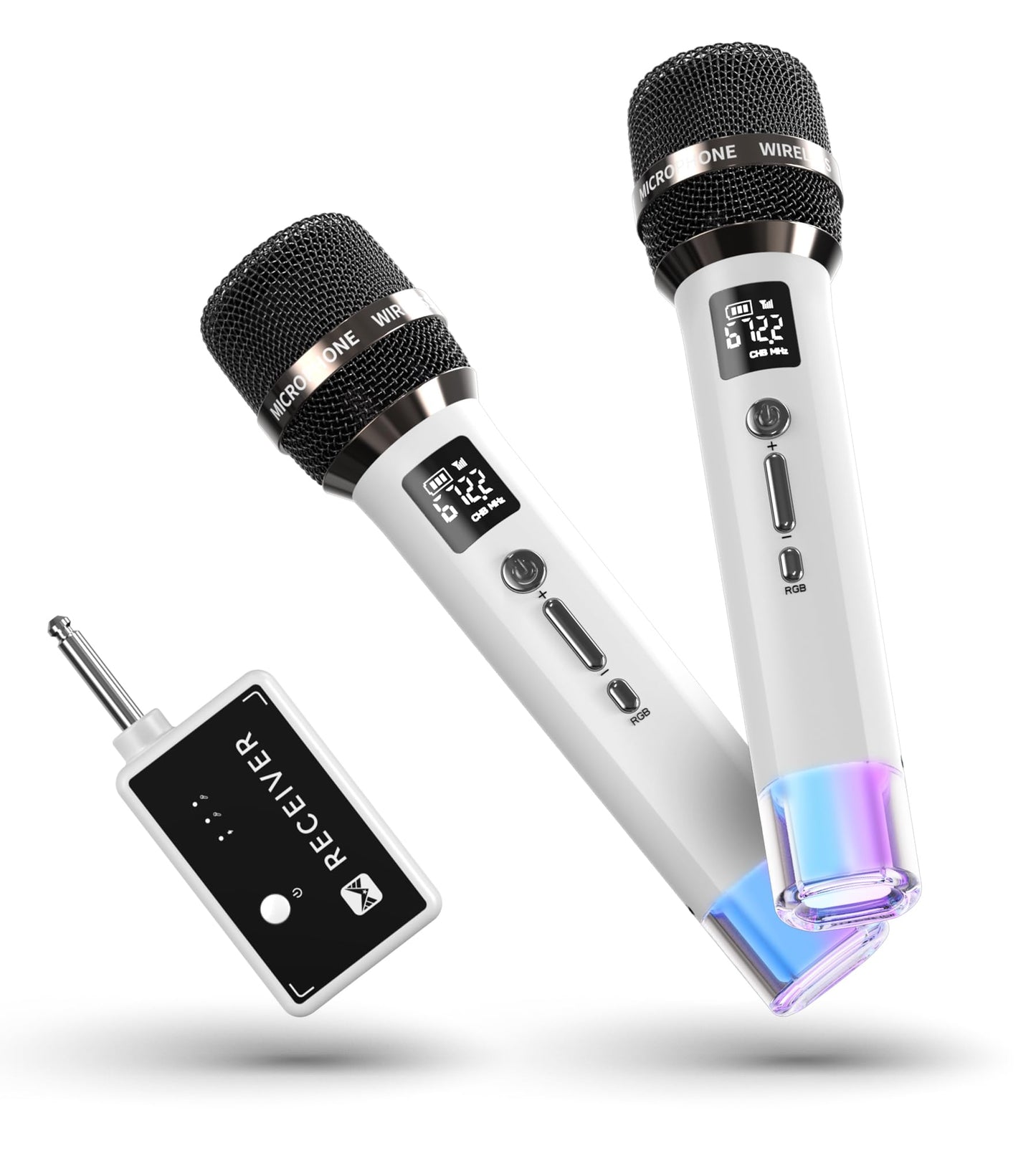 Wireless Microphones, Micorphone with One-to-One Chip Connection and LED Lights, 40H Duration, 200FT Range Receiving, Volume Control Karaoke Micorphone for Singing, Speech, Home Party (White)
