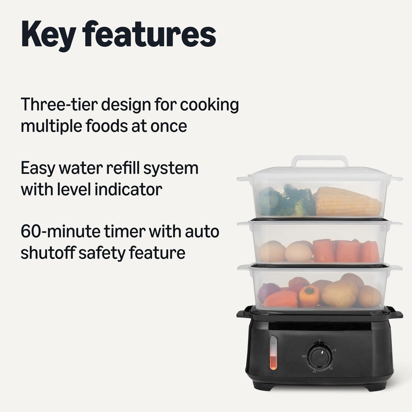 Amazon Basics Electric Food Steamer for Cooking Vegetables with 3-Tier Design, BPA-Free, 9.5 QT, Black