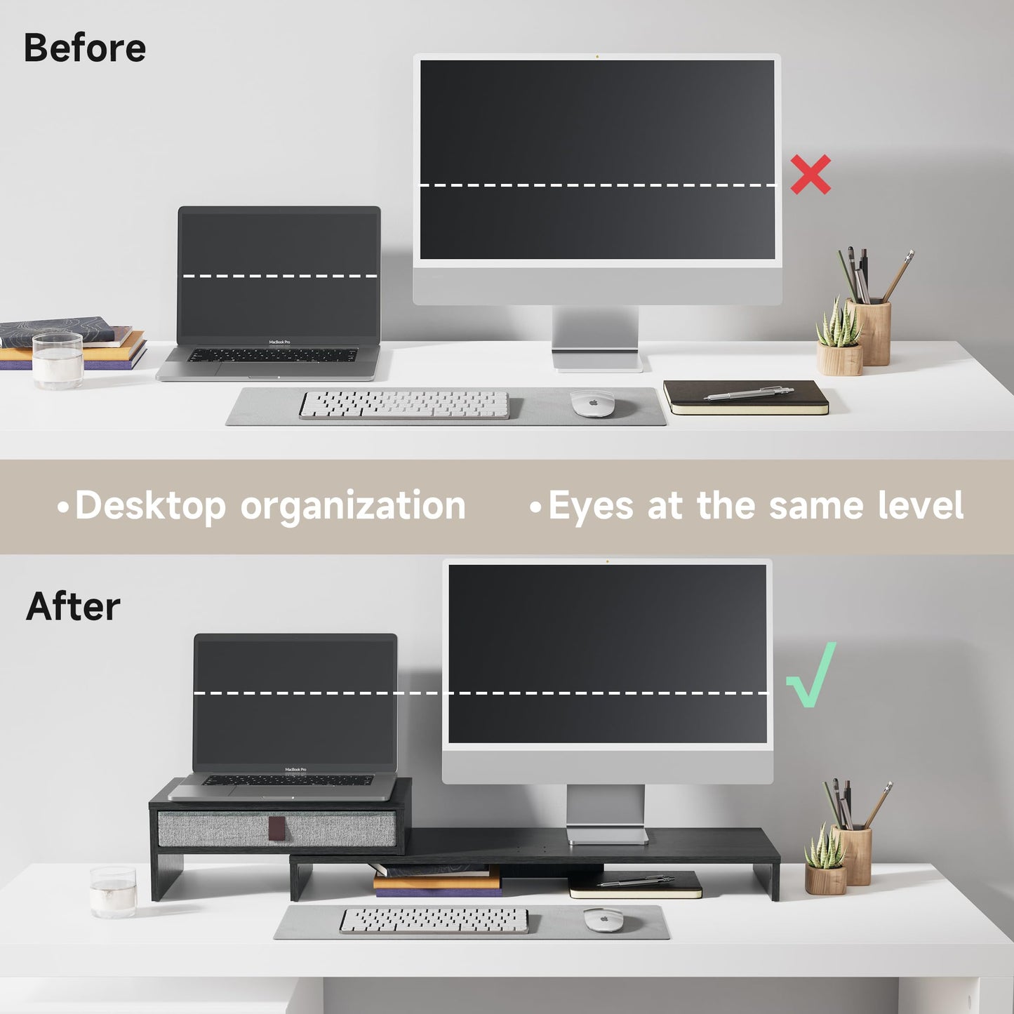 FENGE Dual Monitor Stand with Drawer - Adjustable 3-Tier Laptop Riser for Desk Organizer. Adjustable Length and Angle Desktop Laptop Stand,Office Organizer,Printer,Black