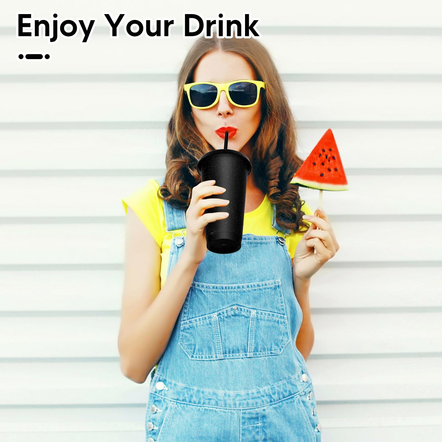 LEIFEOSH 24 Pack Plastic Tumblers with Lids and Straw, Reusable Cups with Lids and Straws Colorful Cups for Cold Drink Iced Coffee, Plastic Tumbler Bulk for Party Birthday Gifts (24 oz, Black)