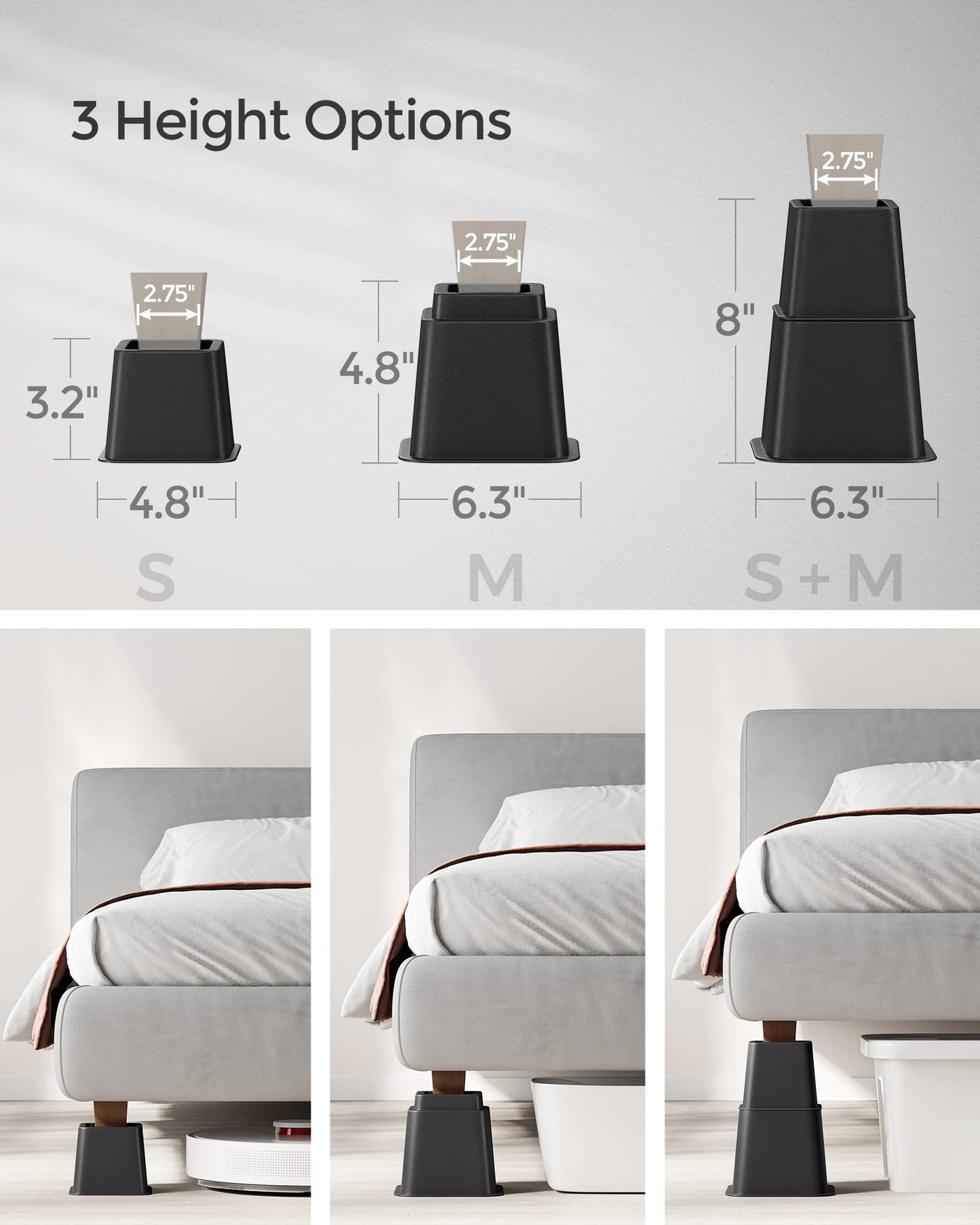 SONGMICS 4-Pack Heavy Duty Bed Lifts, Adjustable 3/5/8 Inch, Supports up to 1300 lb, Black, Rectangular, Modern, PP Plastic, 2.8" x 3-8", Beds, Sofas, Desks, Tables