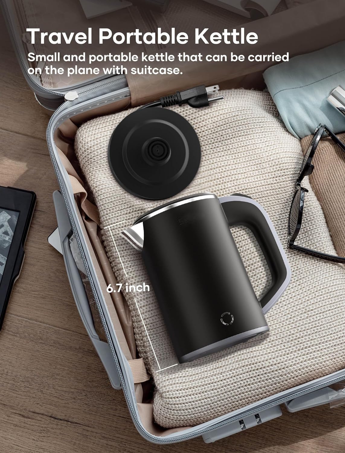 Small Electric Kettle Stainless Steel Double Wall Electric Kettle,0.8L Portable Travel Kettle Stainless Steel with Auto Shut-Off,Low Power Hot Water Kettle for Camping, Travel (black)