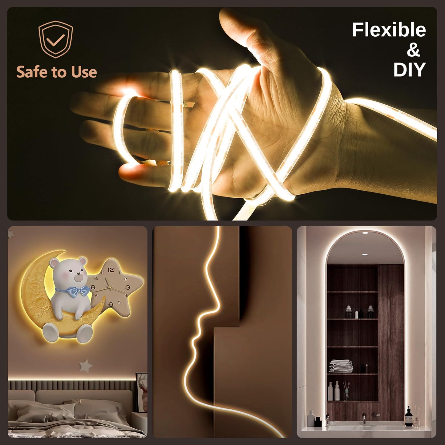 Wefomey COB LED Strip Light White, Dimmable 2700K-6500K High Density 6080LEDs 24V Flexible LED Tape Light with Remote and APP Control, for Under Cabinet Bedroom Kitchen DIY Lighting,1 Rolls of 10M