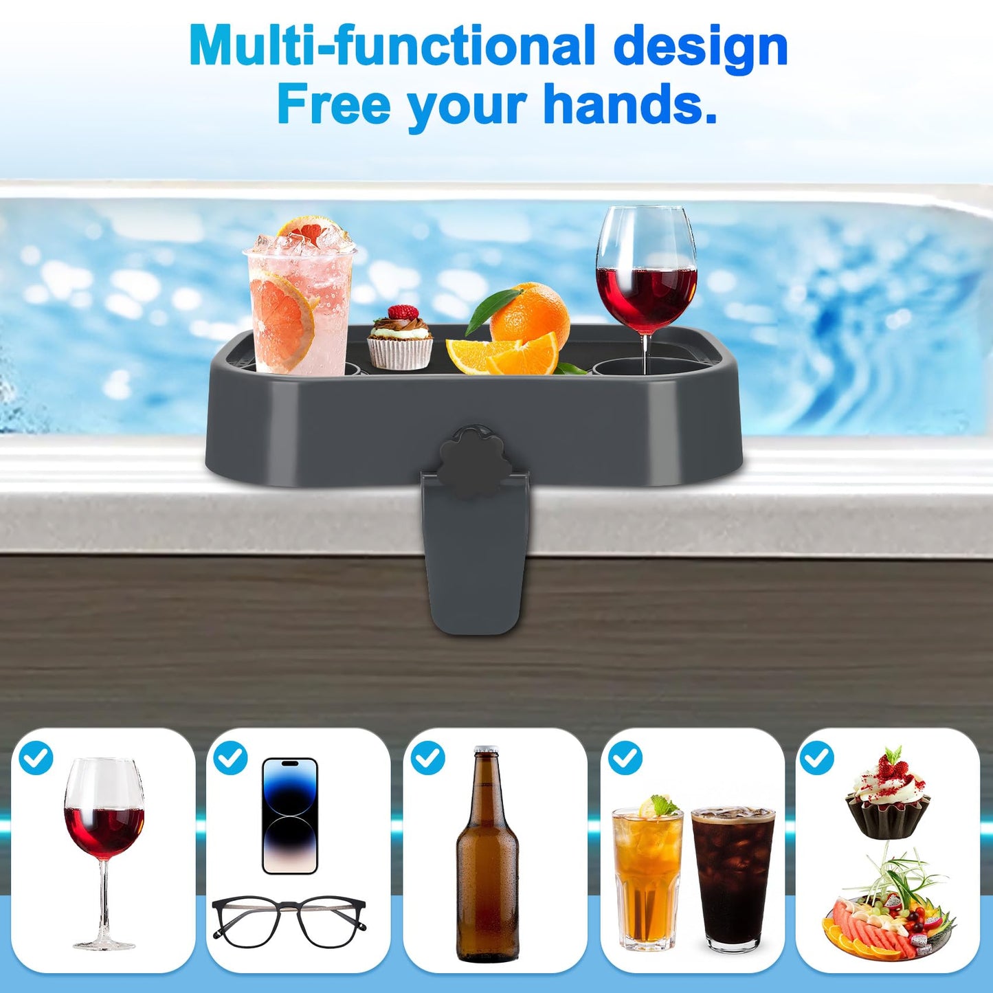 Hot Tub Tray, Adjustable Spa Table Tray with 2 Cup Holders, Spa with Wall Thickness of 2'' to 6.5'', Nonslip Heavy-Duty Shelf for Aboveground Bathtub, Spa Accessory