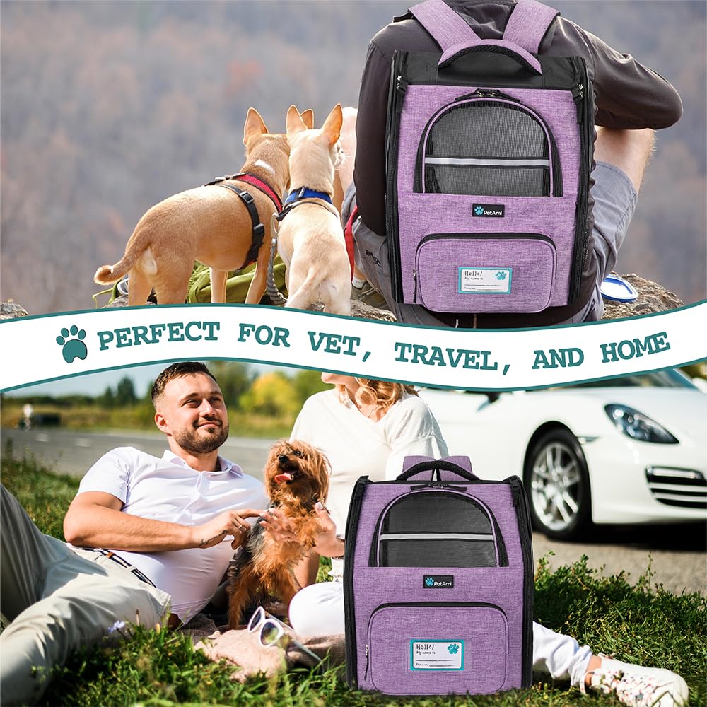 PetAmi Dog Backpack Carrier for Small Large Cat, Puppy - Ventilated Hiking Travel Bag, Airline Approved, Camping Biking Up to 18lbs - Purple