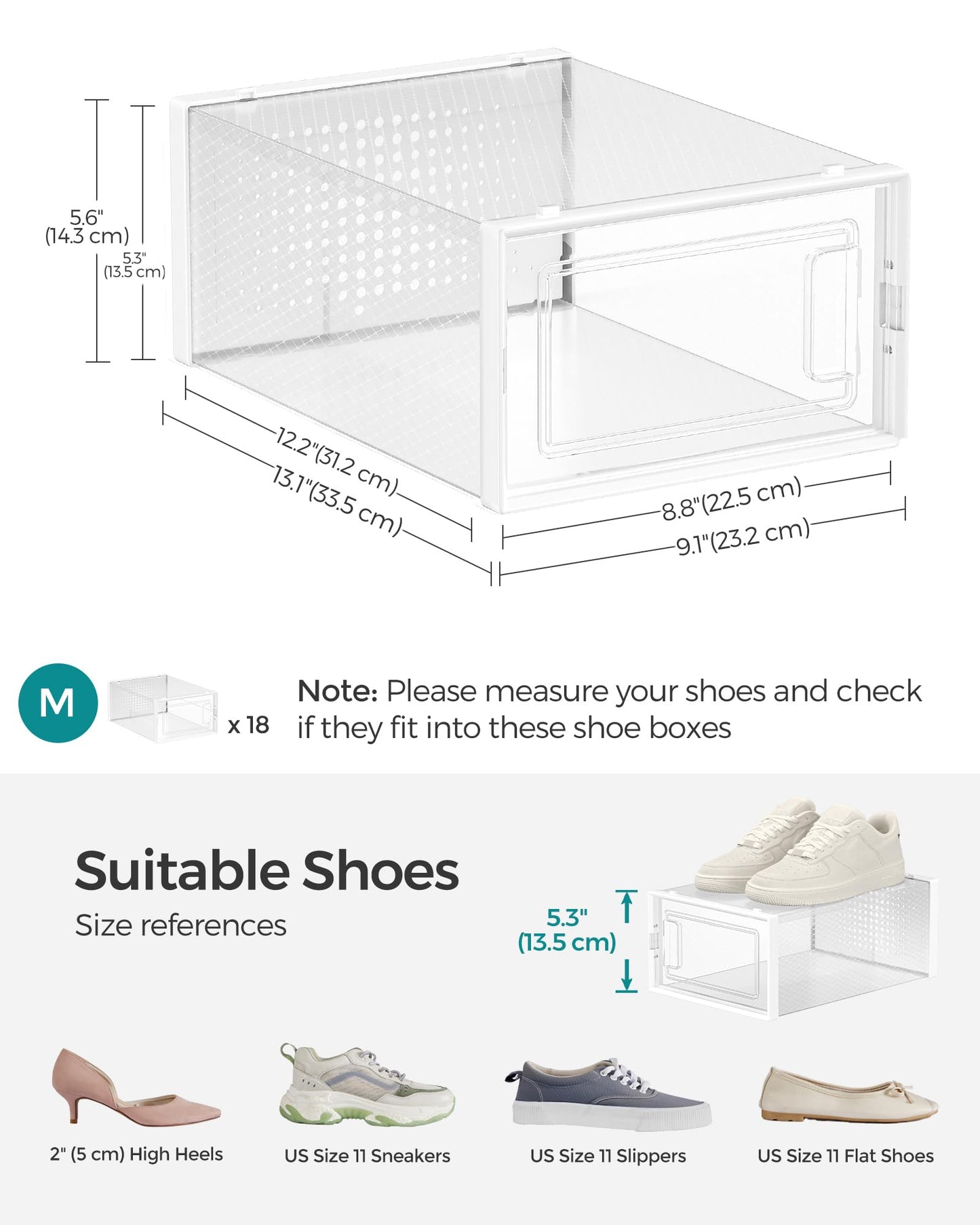 SONGMICS Shoe Boxes, Set of 18 Shoe Storage Organizers, Stackable and Foldable for Sneakers, Fit up to US Size 11, Transparent and White ULSP18SWT