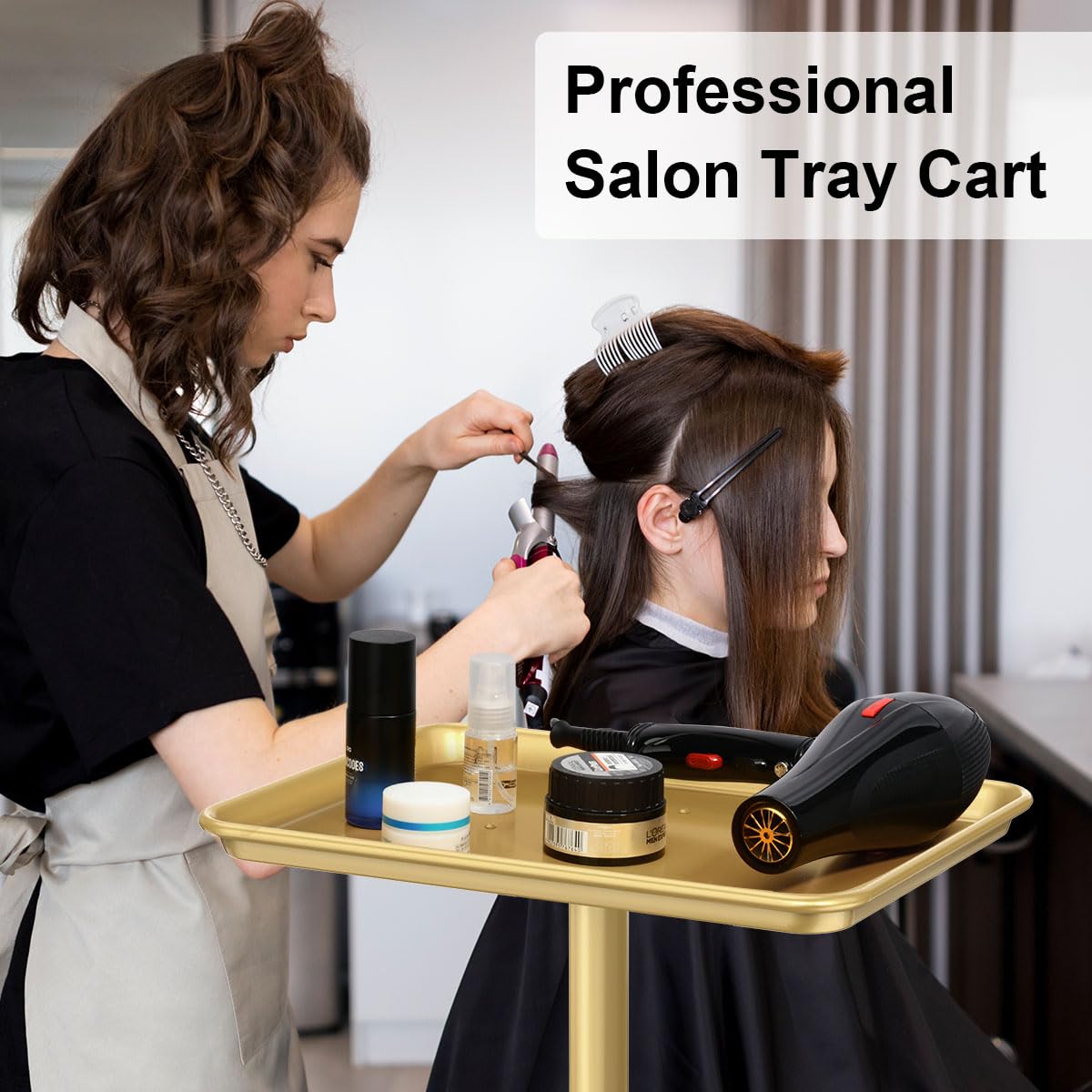 Salon Tray Cart Premium Aluminum Tattoo Tray, Champagne Gold Salon Rolling Tray, Height Adjustable Utility Trolley, Salon Tray on Wheels for Spa Hairstylist Clinic Dental