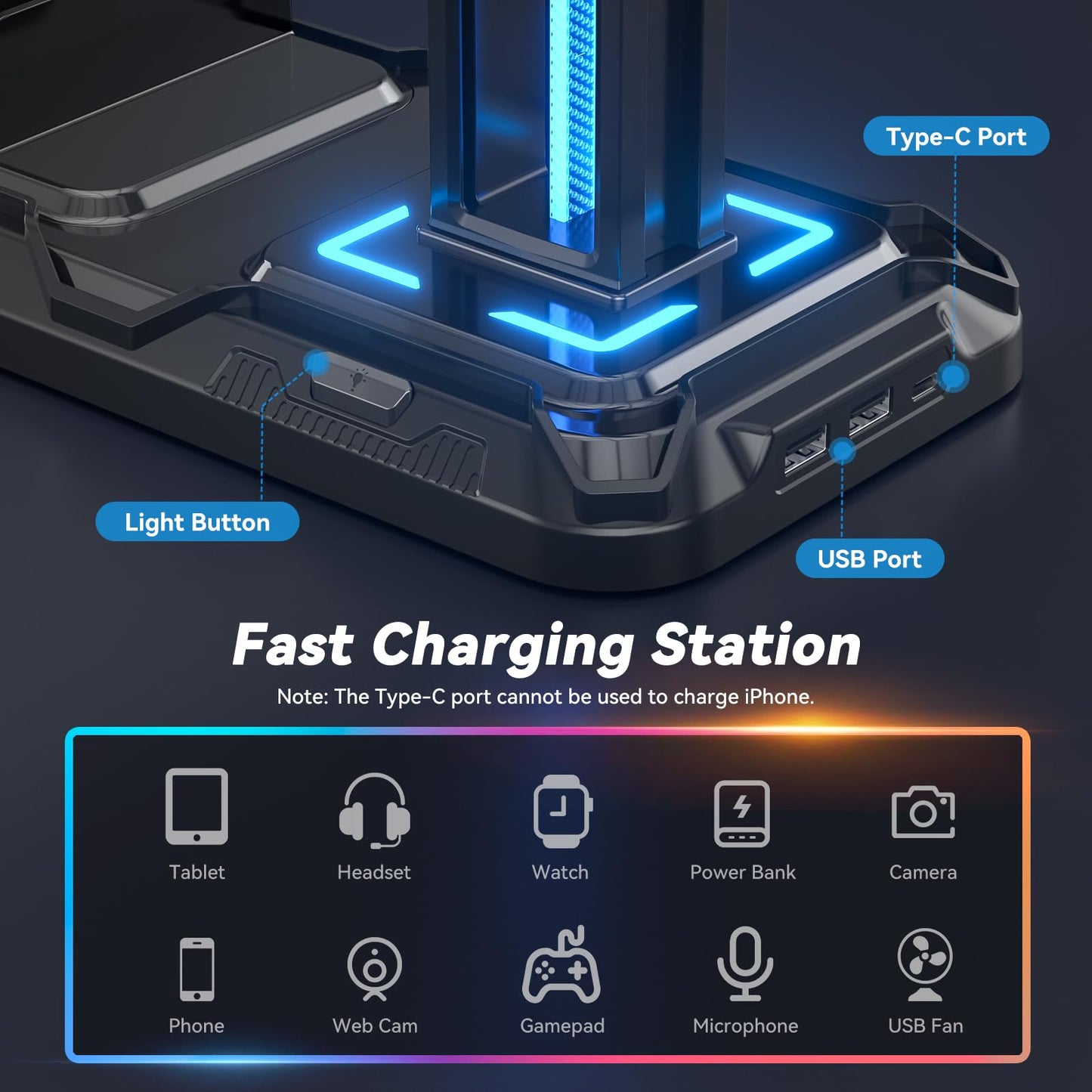 KDD Headset Stand with Phone Holder - Detachable Controller Holder with 9 Light Modes - Rotatable Headphone Hanger with USB Charging Ports - Earphone Hook for Gaming PC Accessories Storage(Black)