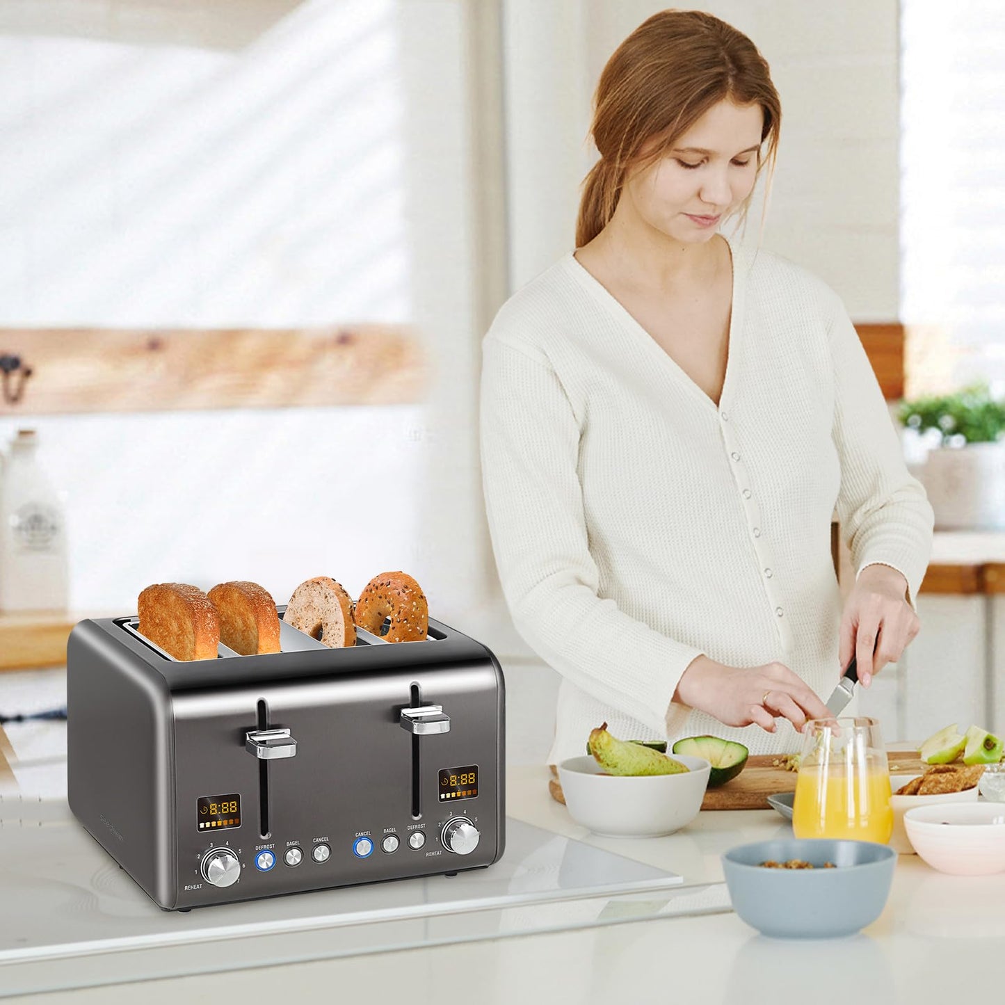 SEEDEEM 4 Slice Stainless Toaster with LCD Display, 7 Shade Settings, Wide Slots, Bagel/Defrost/Reheat Functions, Removable Crumb Tray, 1800W