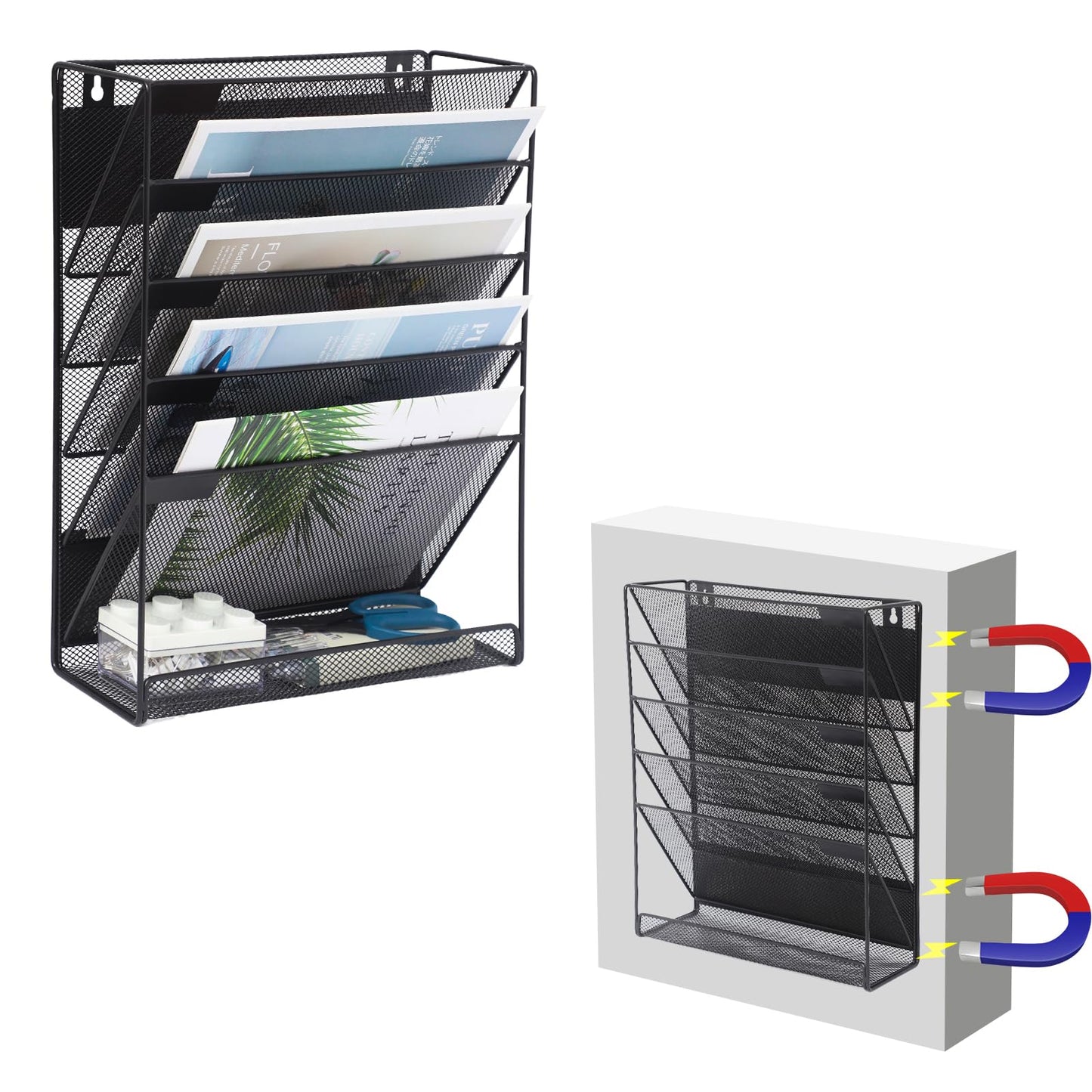 EASEPRES Magnetic File Organizer Mesh 5-Tier Black Hanging File Organizer Vertical Holder Rack for Office Home