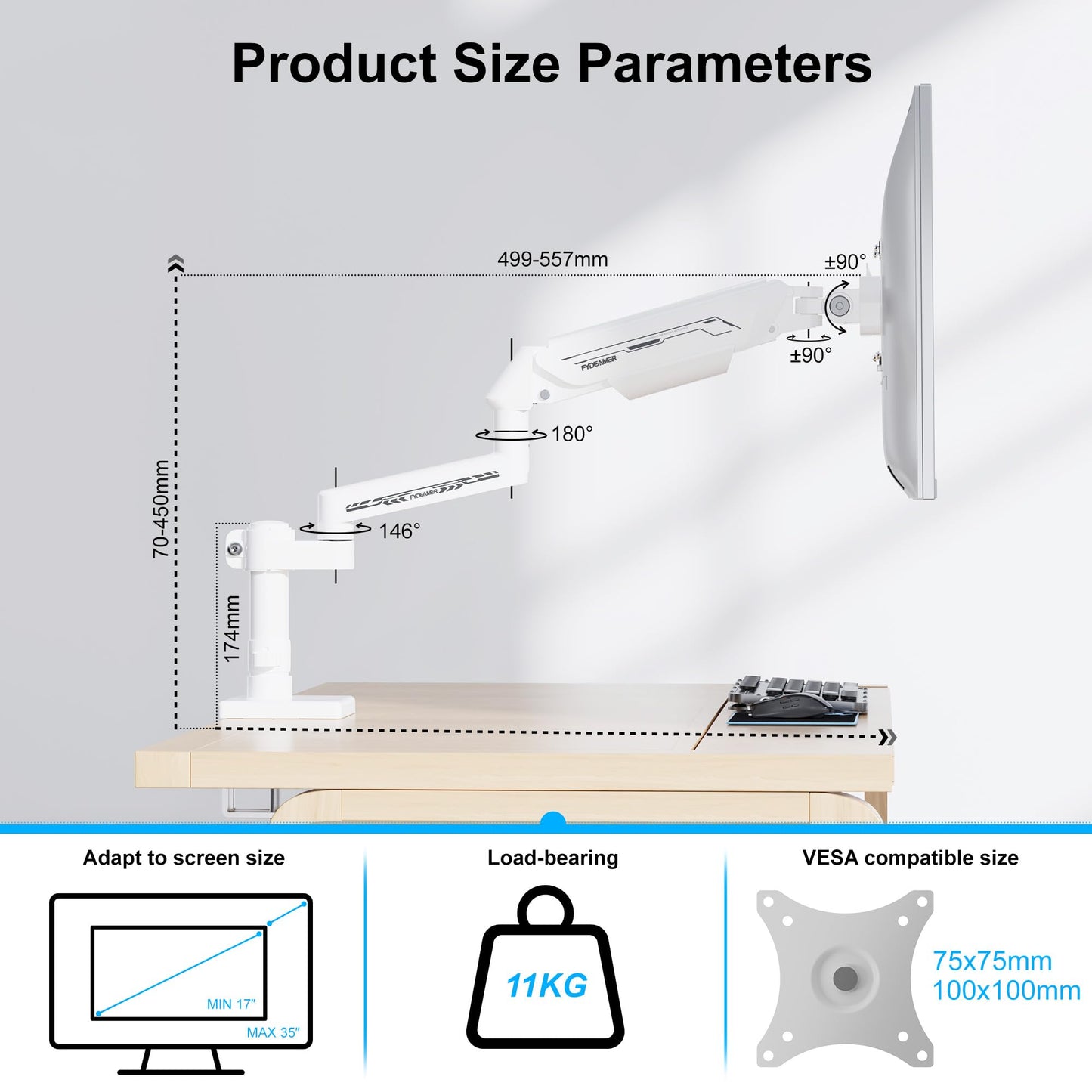 Fydeamer Single Monitor Arm, Heavy Duty Gas Spring Monitor Stand for 17-35 Inch Screens up to 24.2 lbs, VESA Desk Mount with C-Clamp & Grommet Base, White
