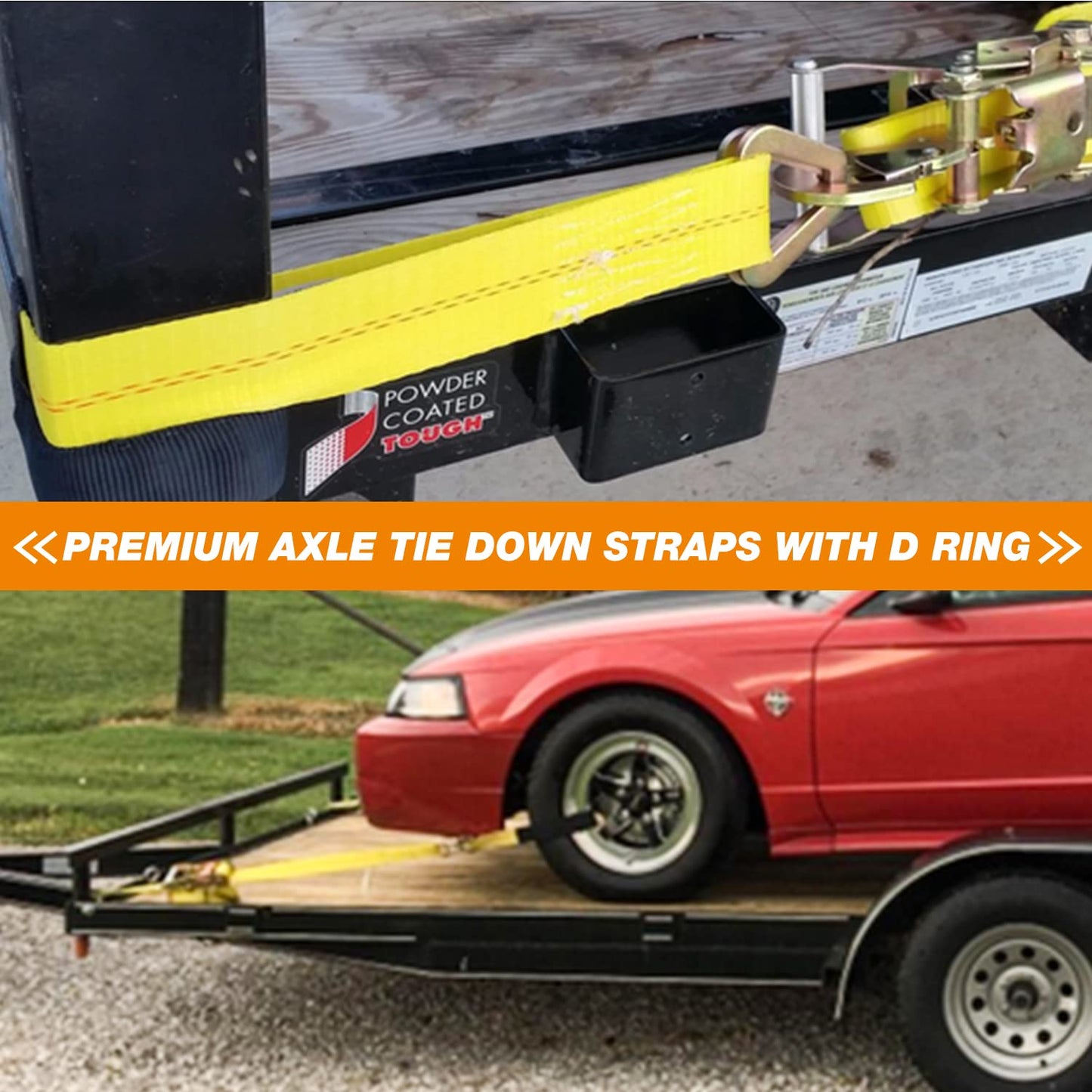 Autofonder 4 Pack 2" x36'' Premium Axle Straps Tie Downs with D-Ring Adjustable Tire Wheel Tie Down with Protective Sleeve Classic Yellow