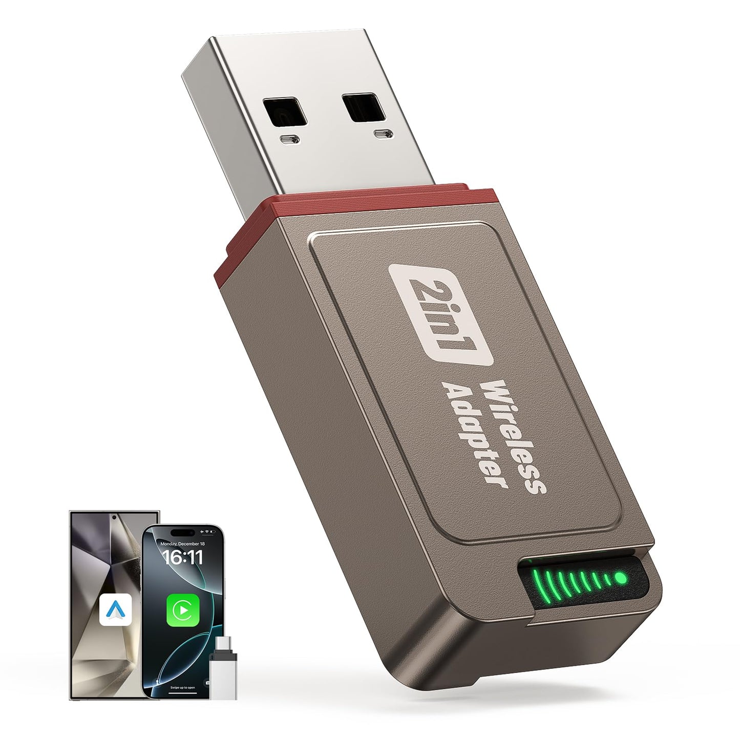 2-in-1 Wireless CarPlay Adapter Support Apple CarPlay & Android Auto, Mini Bluetooth USB A & USB C Dongle Convert Wired to Wireless Compatible with iPhone & Android