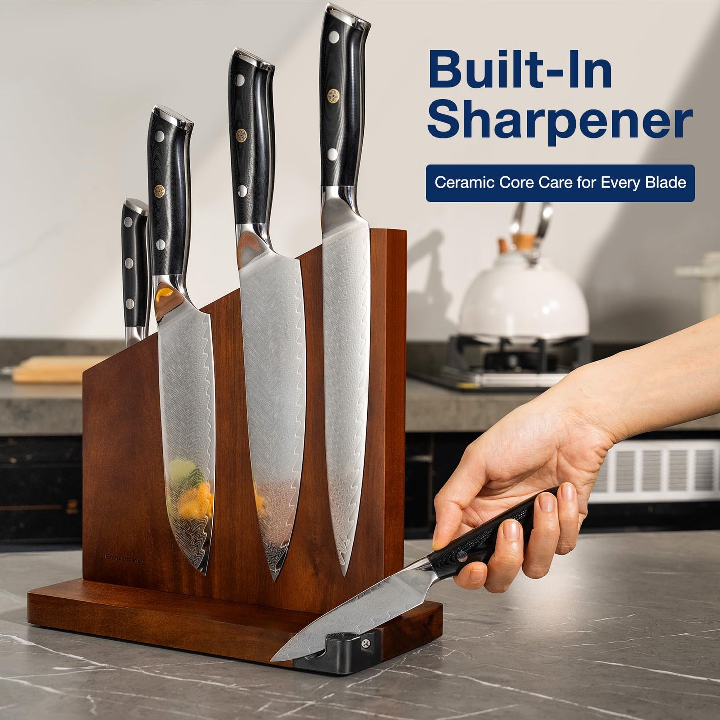 Gourmetop Magnetic Knife Block, Magnetic Knife Holder with Built-in Sharpener, 100% Acacia Wood Magnetic Knife Block Without Knives, Double-Sided Magnetic Knife Holder for Countertop, Dark Wood