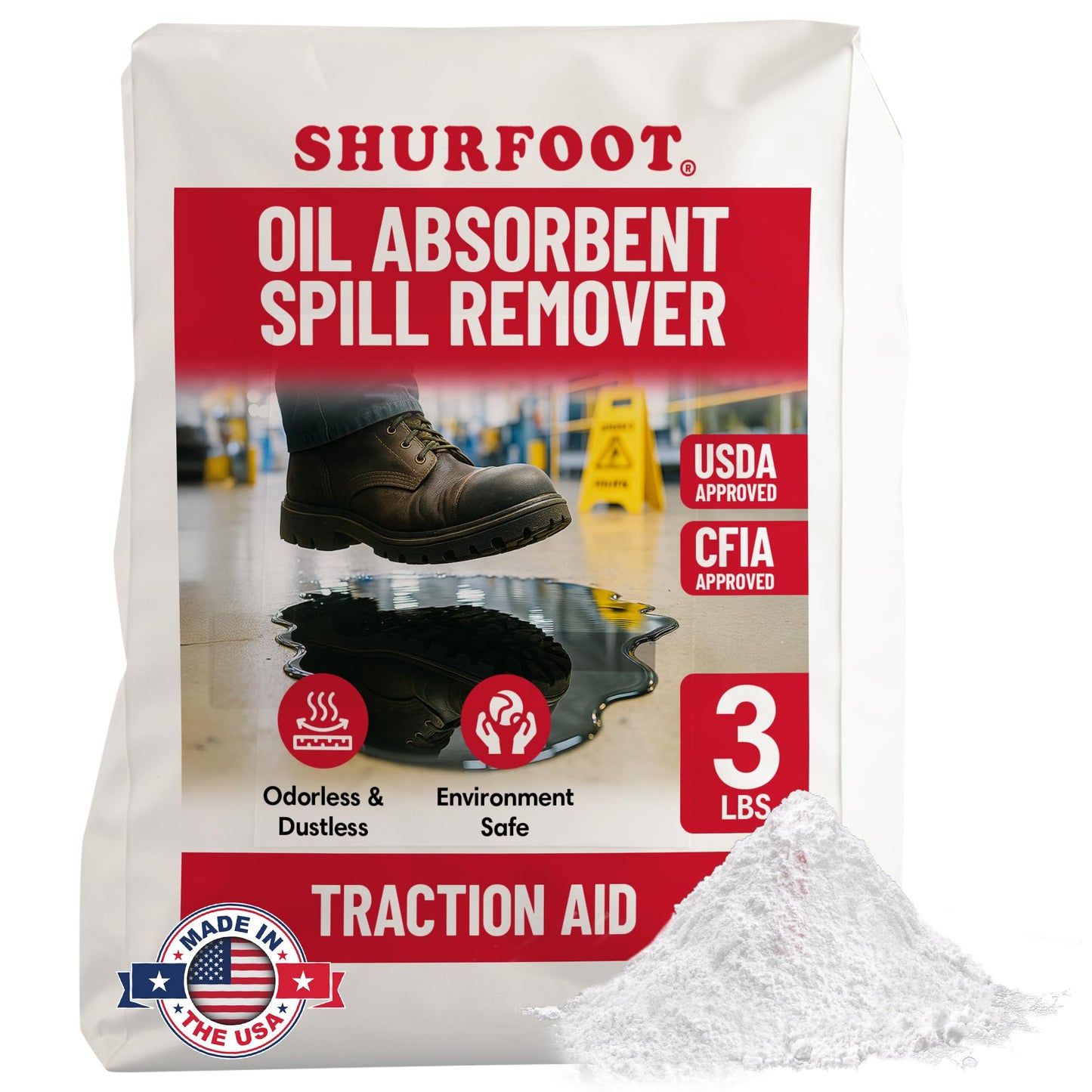 Shurfoot 3lb Non-Slip Oil Absorbent – High-Traction, Vapor-Suppressing Spill Control for Ice, Water & Oils – USDA Approved Floor Dry Absorbent – Odorless, Dustles, Fire-Safe – Ideal for Industrial