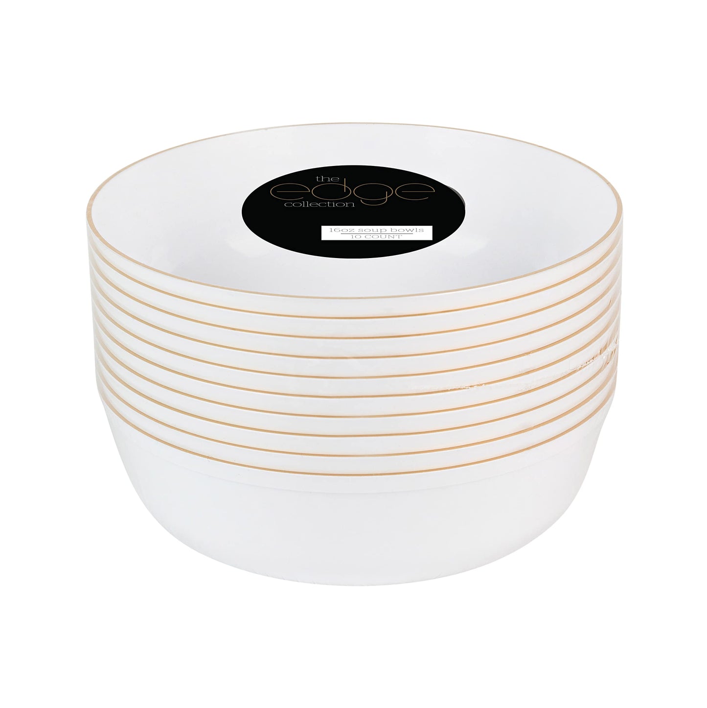 [30 Pack 16 OZ Bowls] Edge Collection White with Gold Rim Plastic Party Soup Bowls Premium heavyweight Elegant Disposable Tableware Dishes