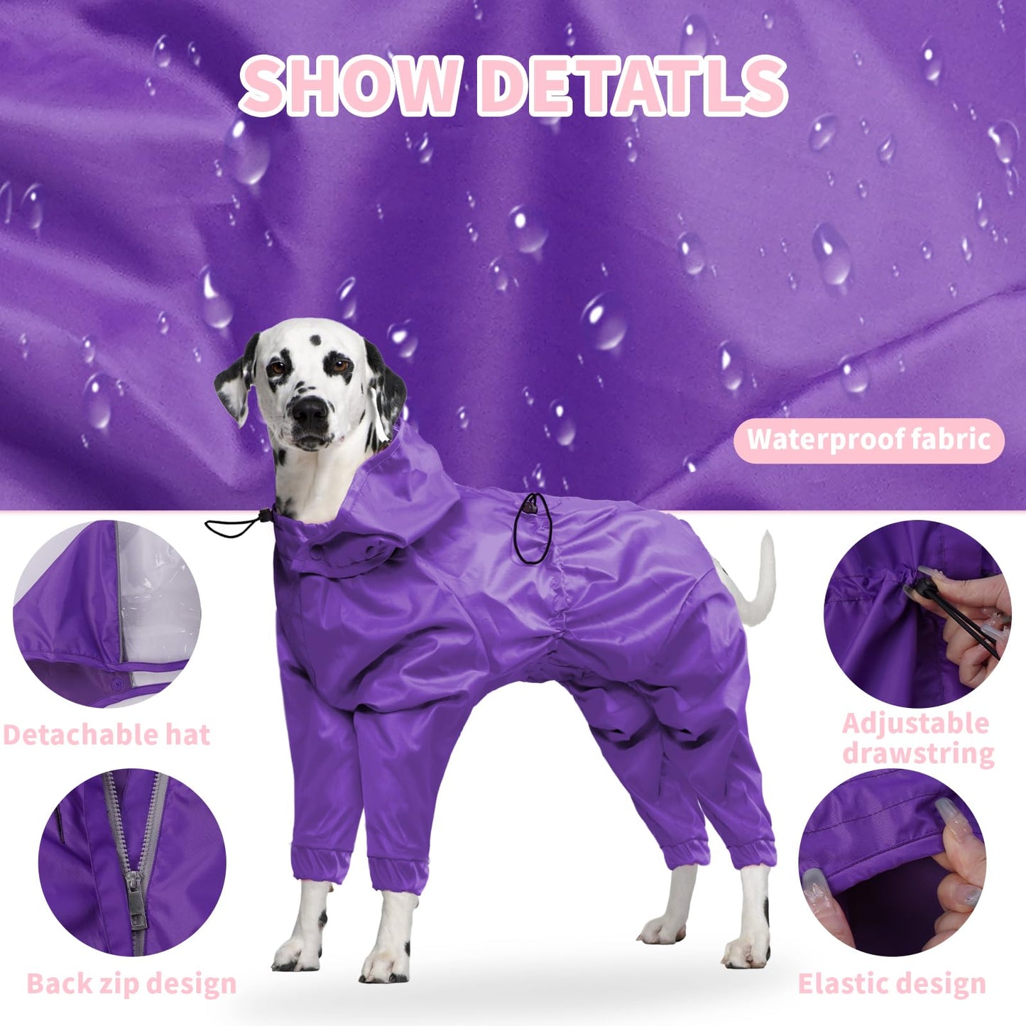 BRKURLEG Dog Raincoat Reflective Pet Poncho for Large Dogs Boy Girl, Pet Waterproof Rainproof Jacket with Leash Hole, 4 Legs Dog Rain Jacket, Lightweight Waterproof Jackets, Purple XXXL