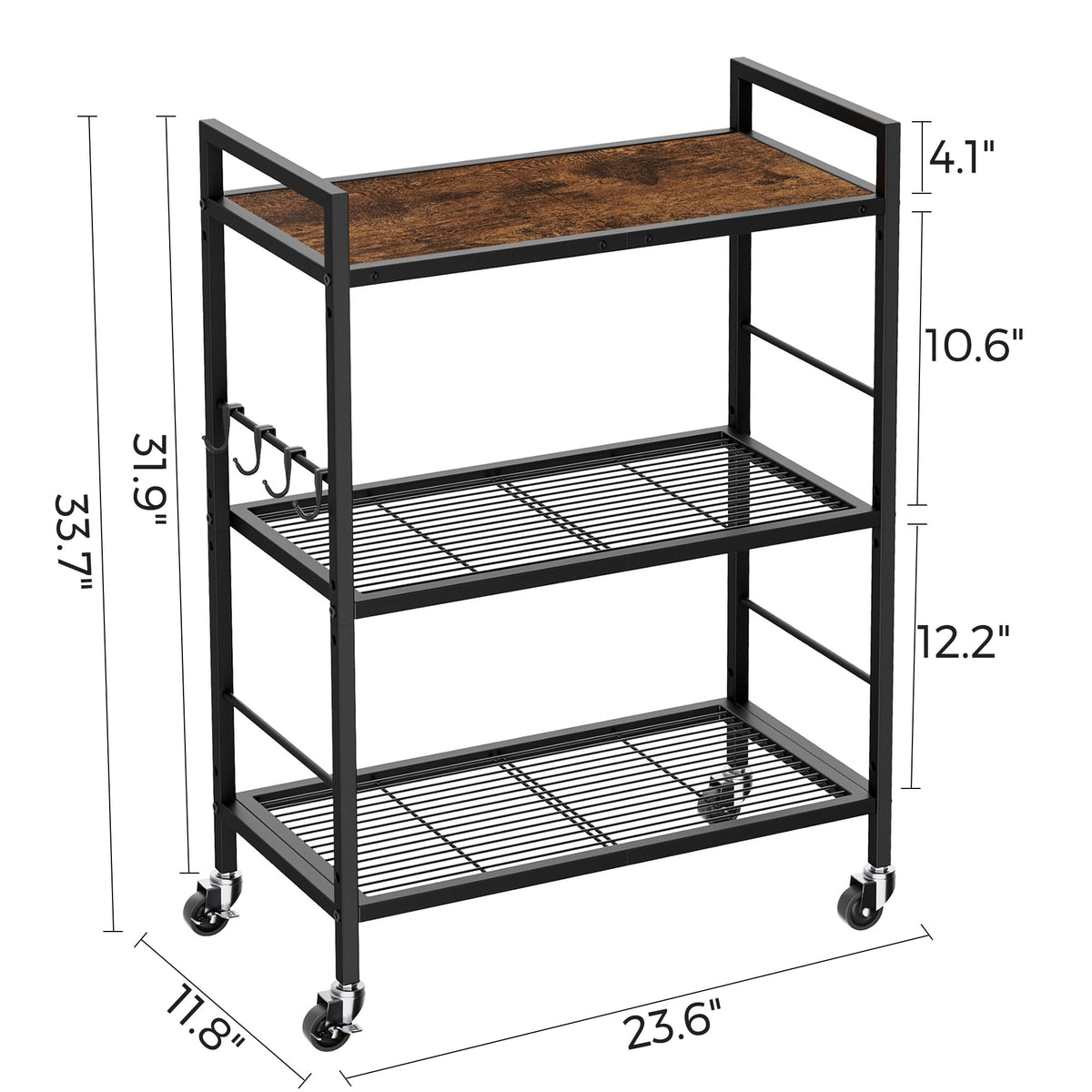 3-Tier Metal Storage Rack with Industrial Wheels,Mesh Shelving Unit with Wooden Table top,Adjustable Shelf,23.6-Inch Width,for Kitchen,Laundry,Pantry,Plant,Black
