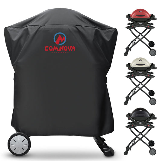 Comnova Grill Cover for Weber Q Series on Cart - Heavy Duty & Waterproof BBQ Cover for Q2000/Q200/Q1000/Q100 With Portable Stand, Q2200, 2400, 1200, 1400 and More