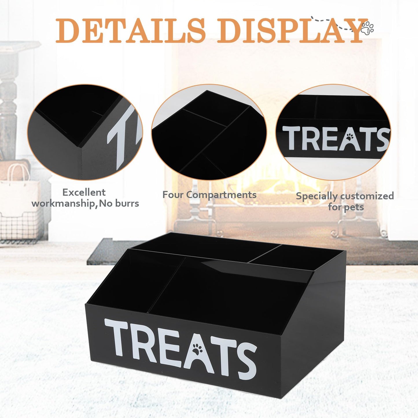 Brabtod Acrylic Dog Storage Organizer,Dog Treat Station with dividers,Trapezoid Dog Treat Container for Countertop,Cat Treat Storage Bin,Ideal for Dog Cat Bagged Snack or Can Food-Black