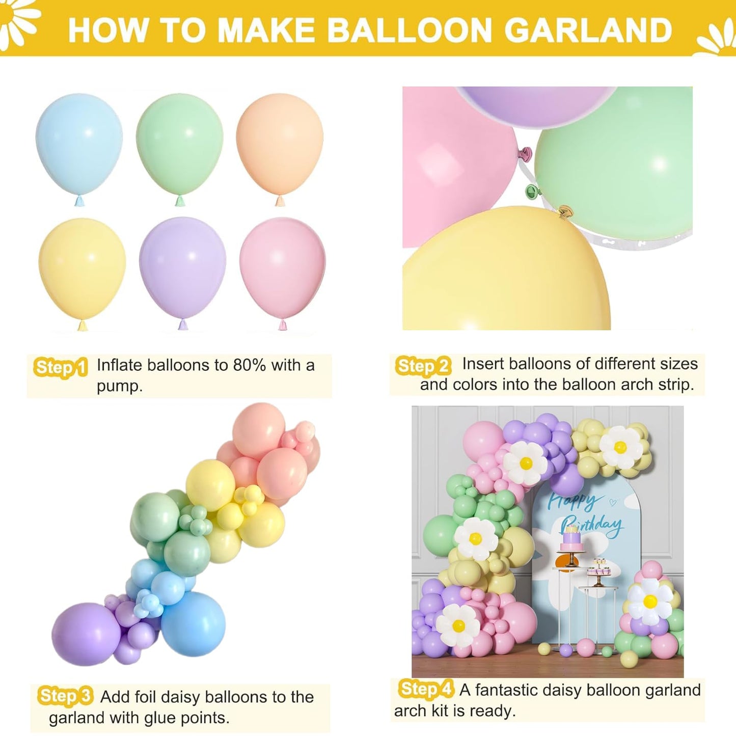 Daisy Pastel Balloon Garland Arch Kit 1st Birthday Decorations Girl White Groovy Wildflower Balloon Arch Kit First Birthday Party Decorations for Girl Baby Shower Flower Balloons Decor