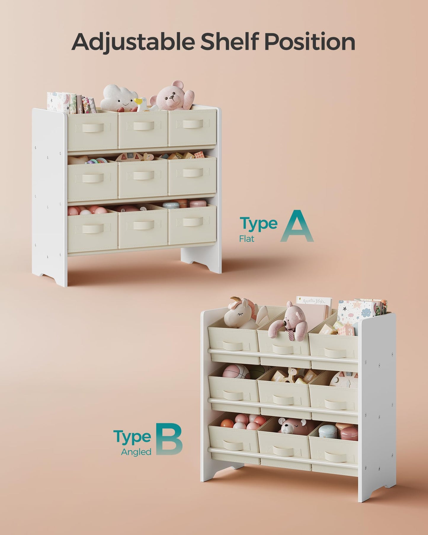SONGMICS Toy Organizer, Kid Toy Shelf with 9 Non-Woven Fabric Boxes, for Children's Room and Playroom, Spacious, 11.6 x 24.6 x 23.6 Inches, Cloud White UGKR033W10