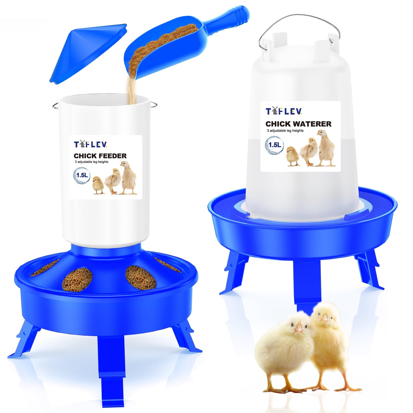 Tiflev Top Filling Chicks Feeder and Waterer Set with Scoop, 1.5L Chick Feeder and 1.5L Chick Waterer with 3 Heights Adjustable Legs for Chicks