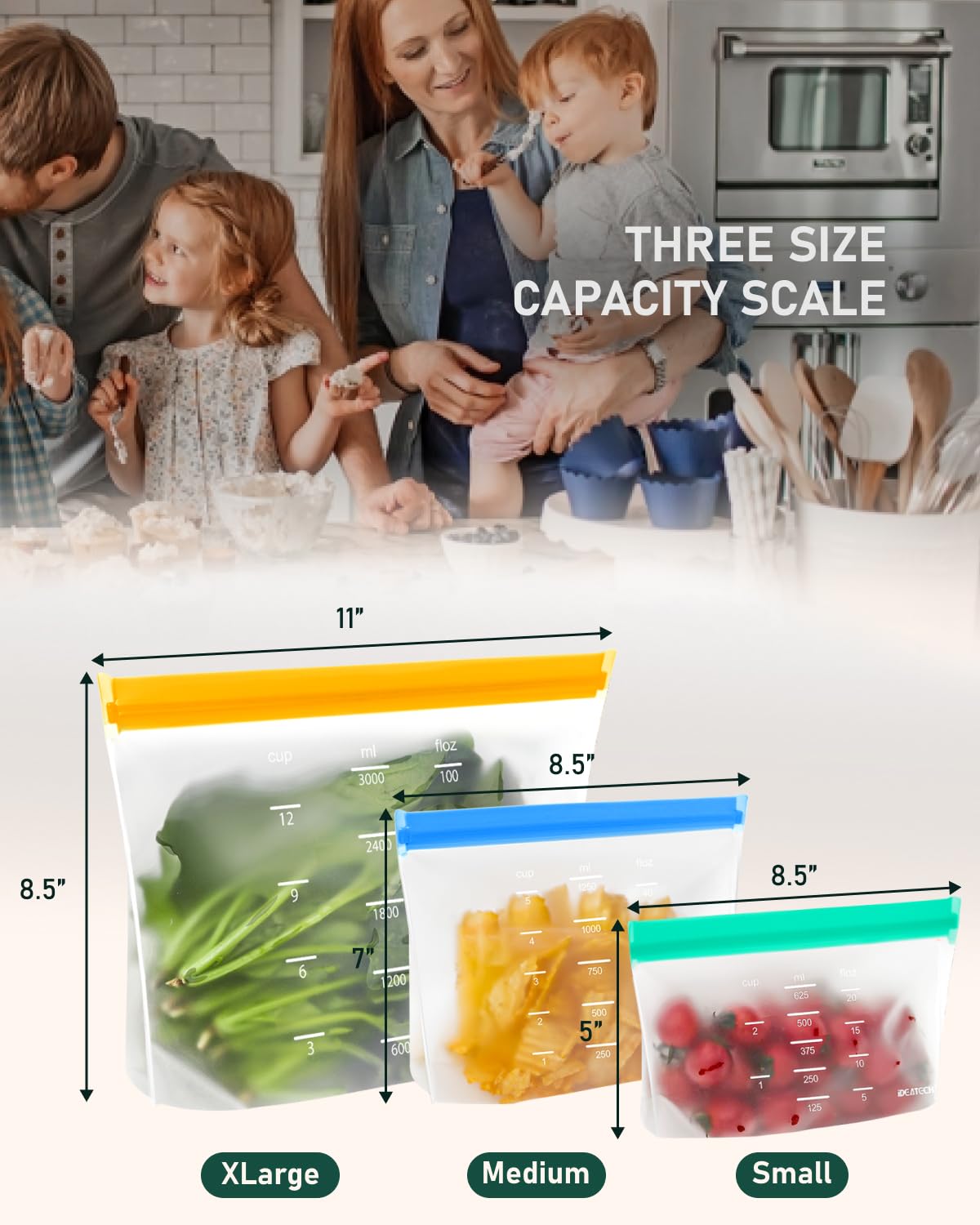 IDEATECH Reusable Freezer Bags 24 Pack Xlarge Leak-Proof Silicone BPA Free Family Stand Up Standing Small Food Storage Gallon Kids Plastic Pouch for Sandwich Soup Snack Meat
