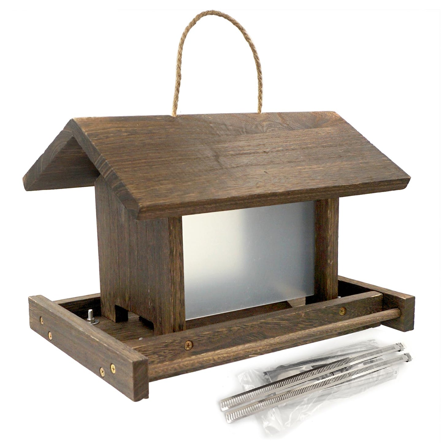 Zeqeey Wooden Bird Feeder Large Capacity Hanging Wood Birdfeeder with Tree Railing Handrail Fence Mounting Bracket for Feeding Outside Garden Wild Finches Robin Sparrow