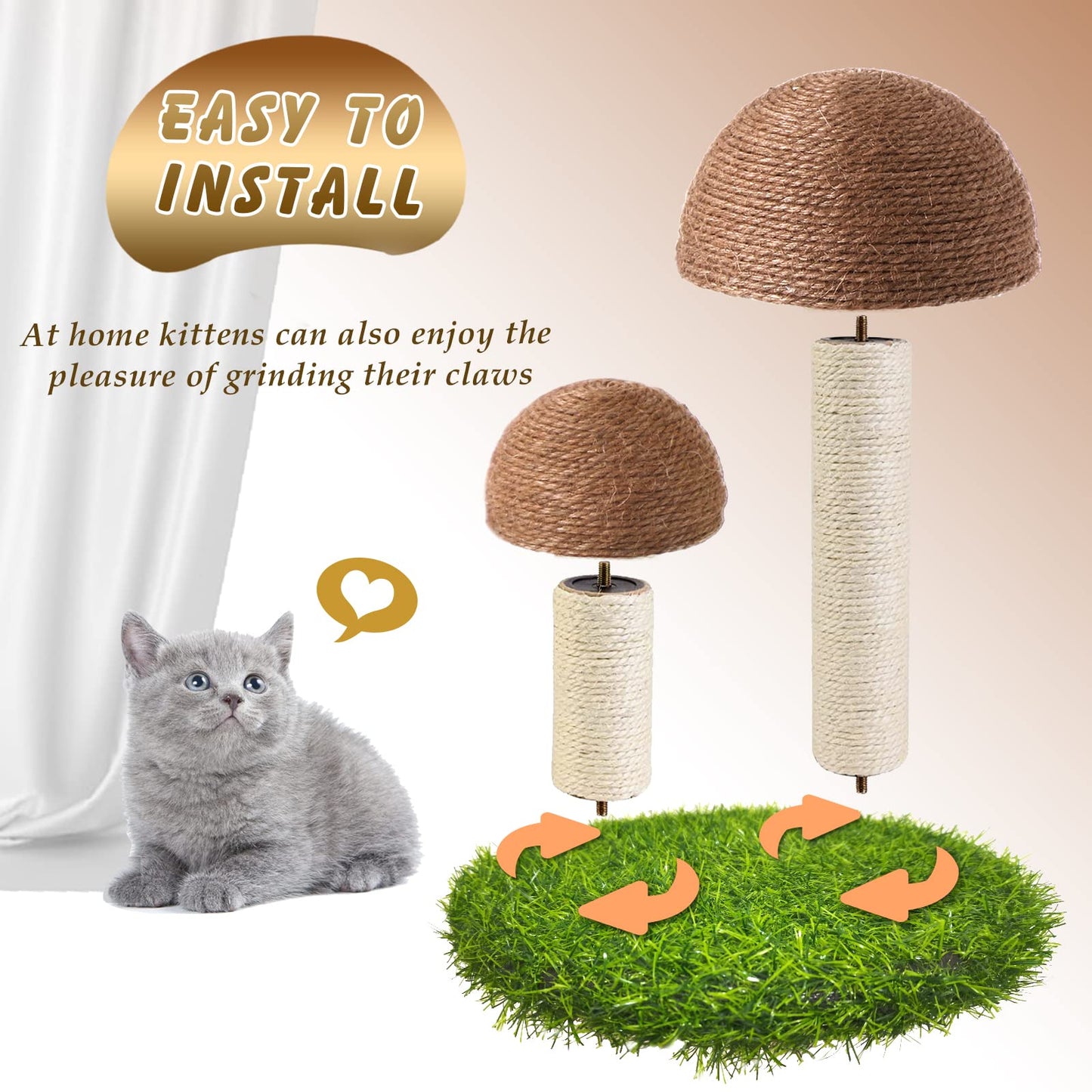 Lihaobm Cat Scratching Post - Mushroom Cat Scratcher Featuring with Natural Sisal Caps Scratch Pole and Sturdy Base for Kittens & Small Cats - Brown