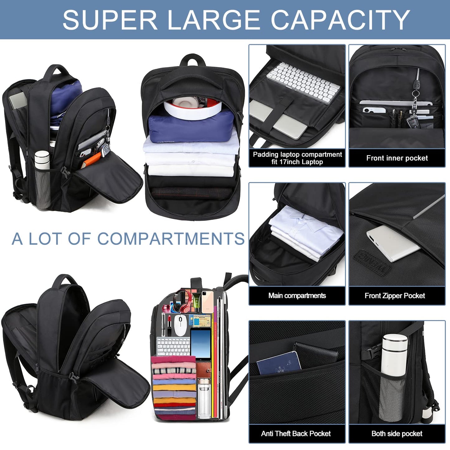 Extra Large 50L Travel Laptop Backpack for Men Women,Water Resistant 17 inch Laptop Backpack Work Bag with USB Charging Port,Big Capacity Heavy Duty TSA Approved Business College Computer Bag,Black