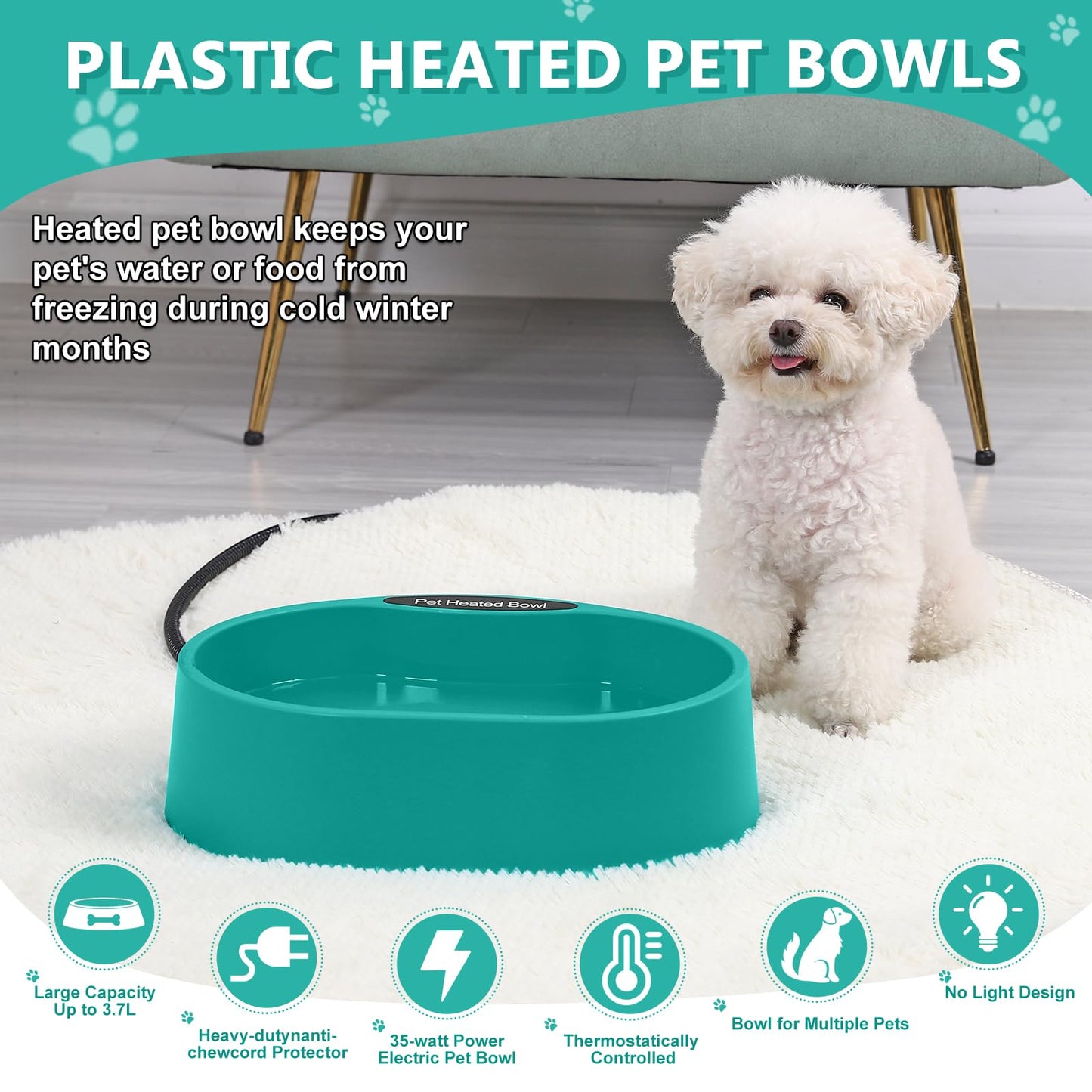 KEKELAN Heated Water Bowl for Dogs Cats Chickens Ducks in Winter Large Capacity Outside Water Dish for Outdoor Animal Pets Thermal Feeding Bowl with Thermostatic Control and Chew Resistant Cord