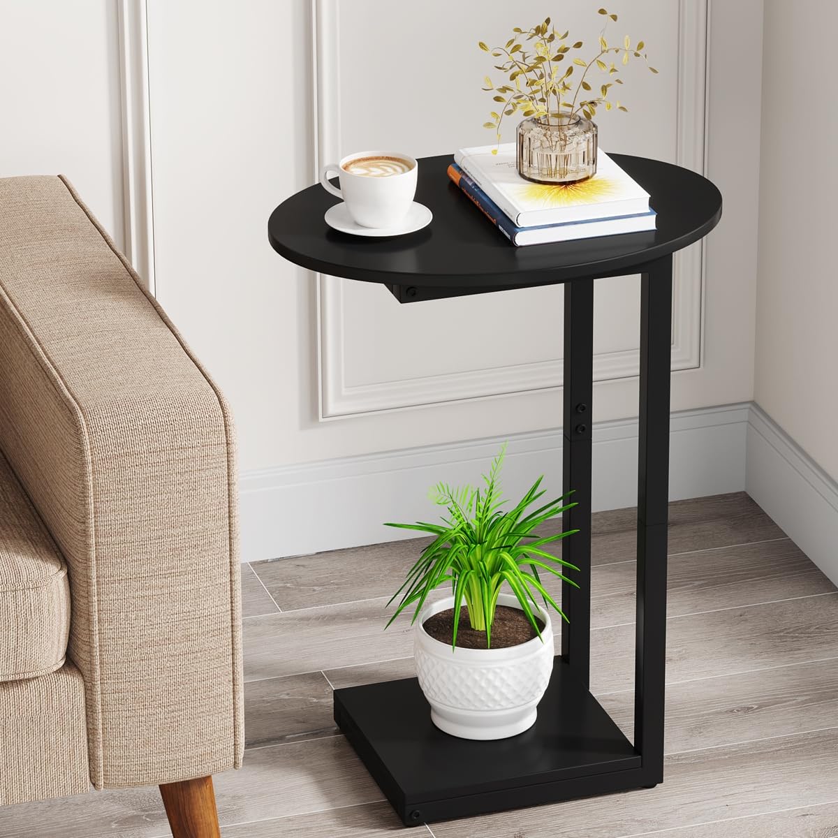 Hosfais Small Side Table End Table, C-Shaped Wood Coffee Table TV Tray for Eating Couch Tables for Small Space, Living Room (Black)
