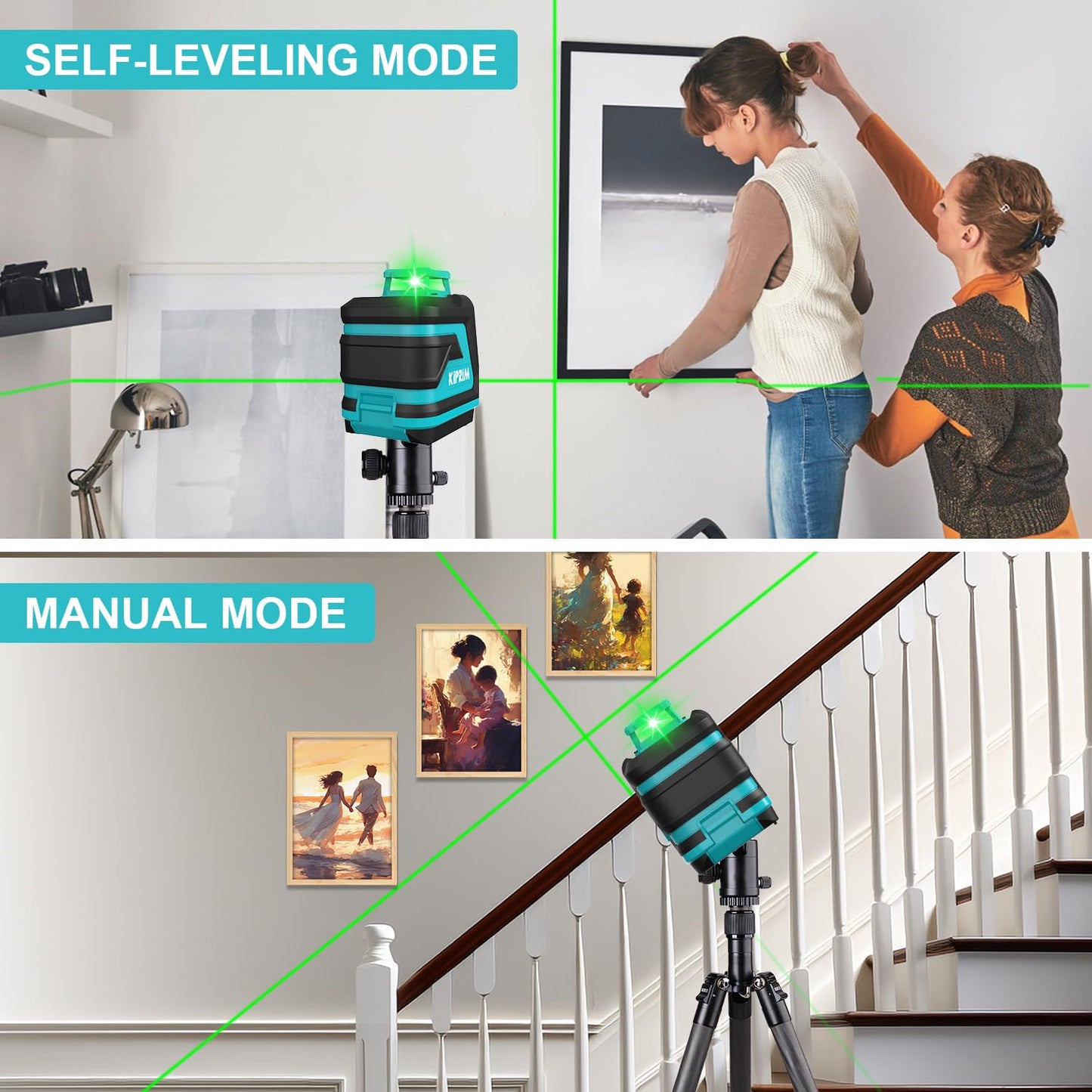 Kiprim Green Laser Level LV8D with Enhanced Visibility,5 Laser Lines,Adjustable Brightness,Manual/Self Leveling/Pulse Mode,Batteries and Carrying Pouch Included