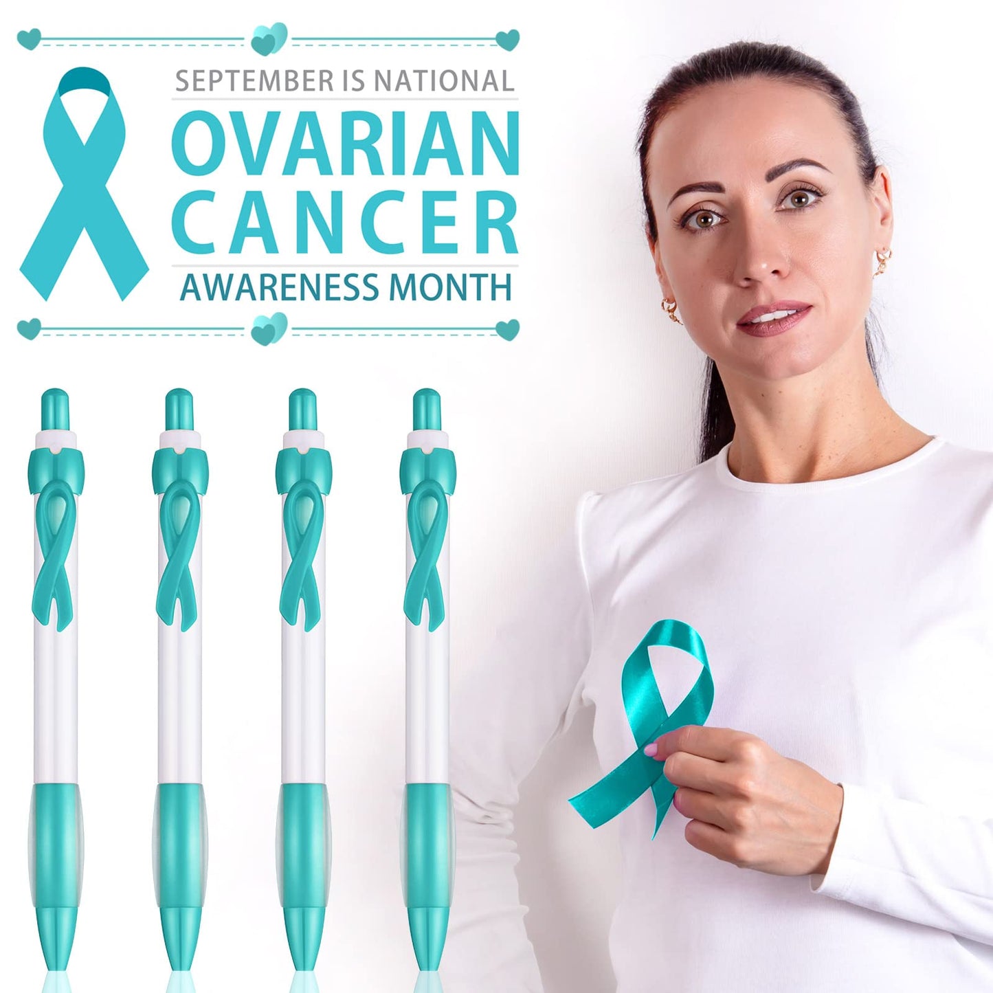 Yexiya 100 Pcs Breast Cancer Awareness Ribbon Pen Autism Domestic Violence Aids Sexual Child Abuse Mental Health Ovarian Cervical Colon Leukemia Liver Pride Lung Item, Black Ink(Teal Color)