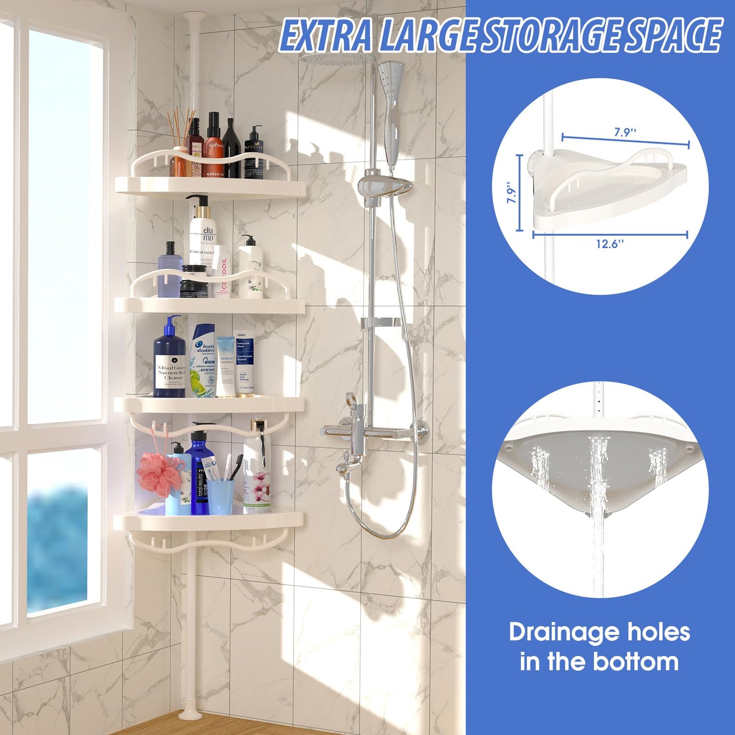 CALCHELE Shower Caddy Corner for Bathroom, Rustproof Bathtub Shower Storage Organizer for Shampoo Accessories, 4-Tier Adjustable Shelves with Tension Pole, 54 to 114 Inch White