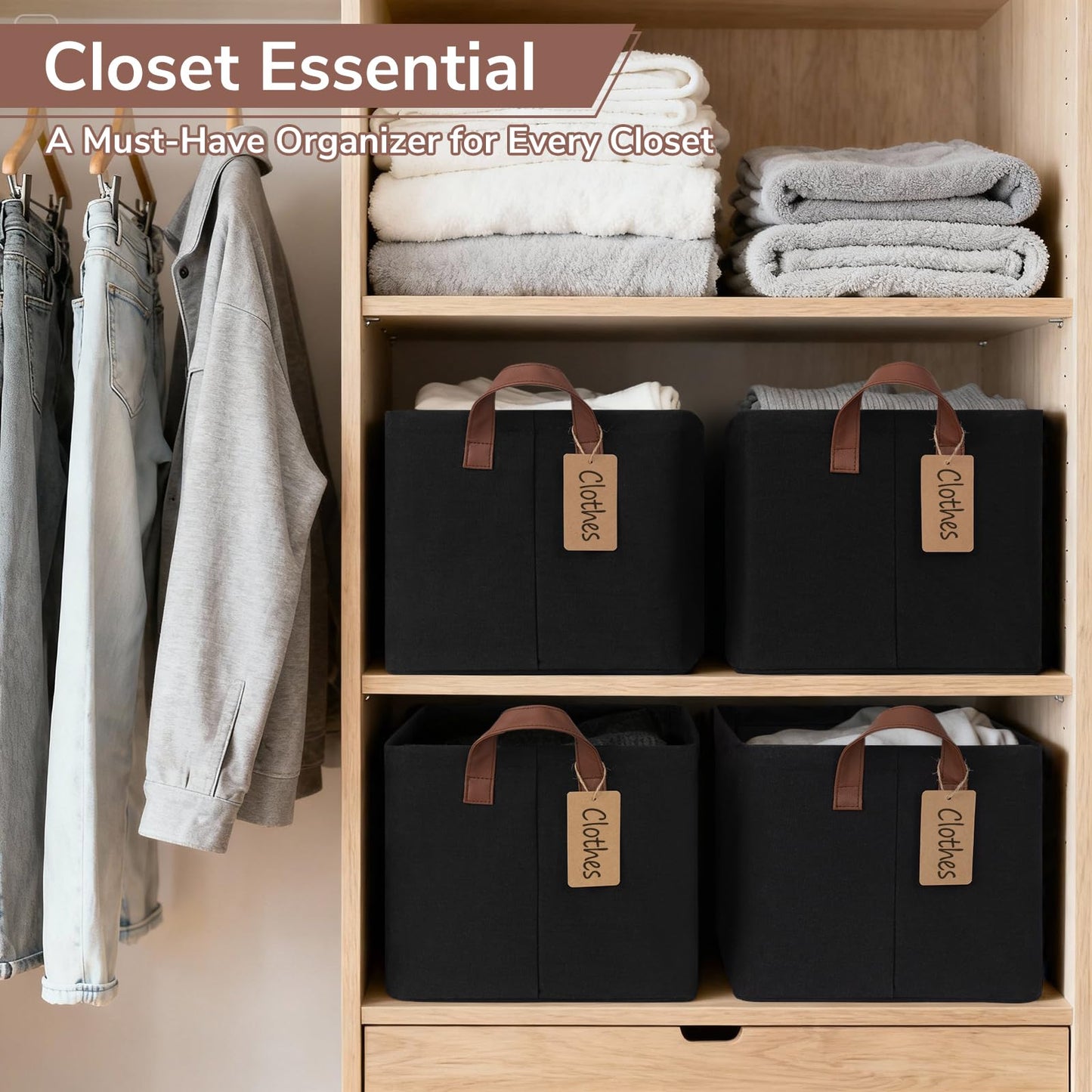 Goodpick 4-Pack Storage Basket,Closet Organizers and Storage Box,Storage containers for Shelves,16.75" L x 11" W x 9.75" H, Black