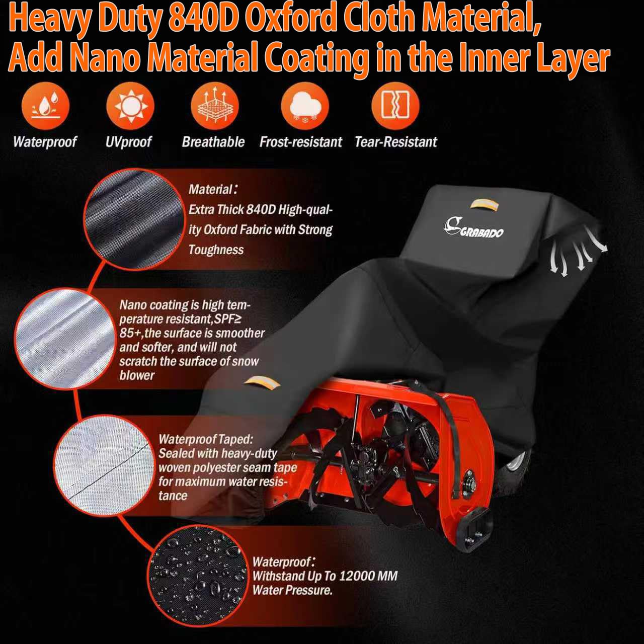Snow Blower Cover,Heavy Duty 840D Snowblower Covers Waterproof Outdoor with Waterproof Strip,Air Vent,2 Reflective Handles,Windproof Buckle,Universal Protective Cover for Snow Thrower Shovel Storage