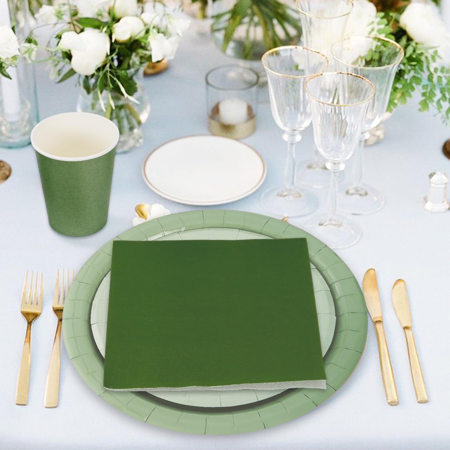 Whaline 96Pcs Sage Green Tableware Set Serves 24 Gradient Green Disposable Dinnerware 24 9" Plates 24 7" Plate 24 9oz Cups 24 Napkins for Wedding Birthday Party Supplies